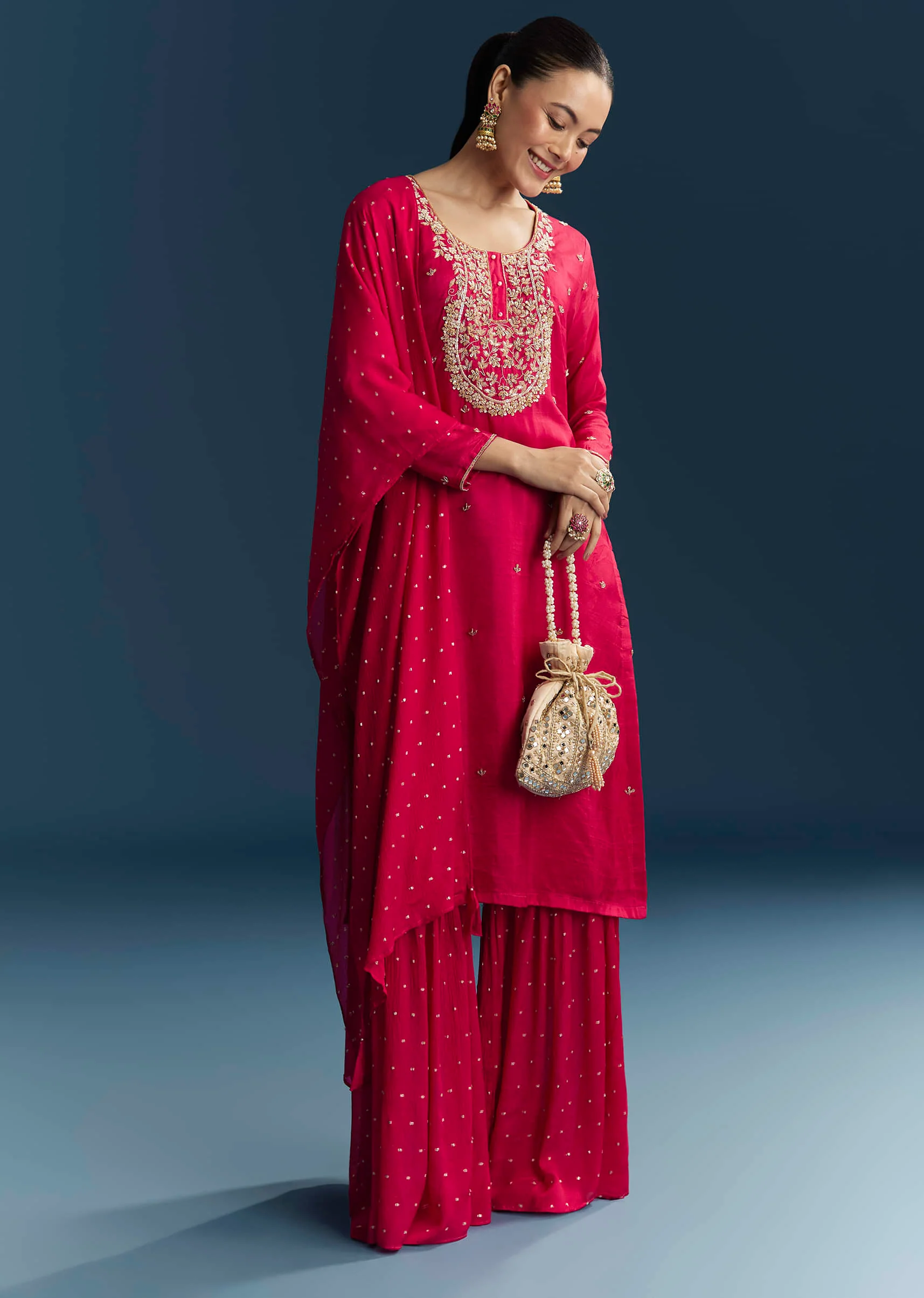 Pink Silk Sharara Suit With Zardosi And Sequins Embroidery - Image 3
