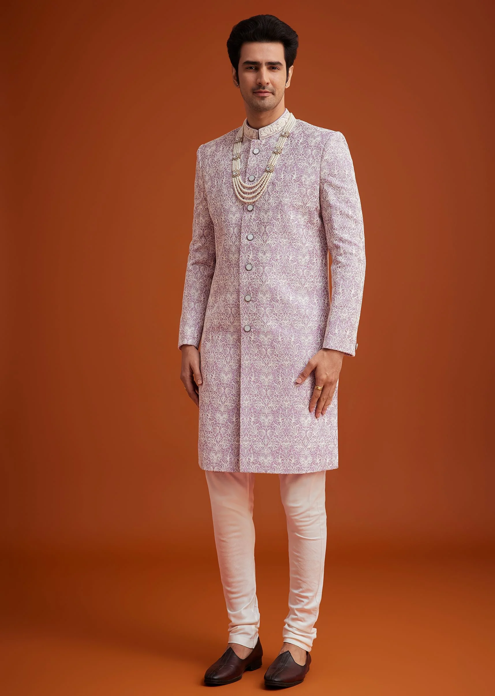 Pink Silk Sherwani Set With Bead Work On Collar - Image 2