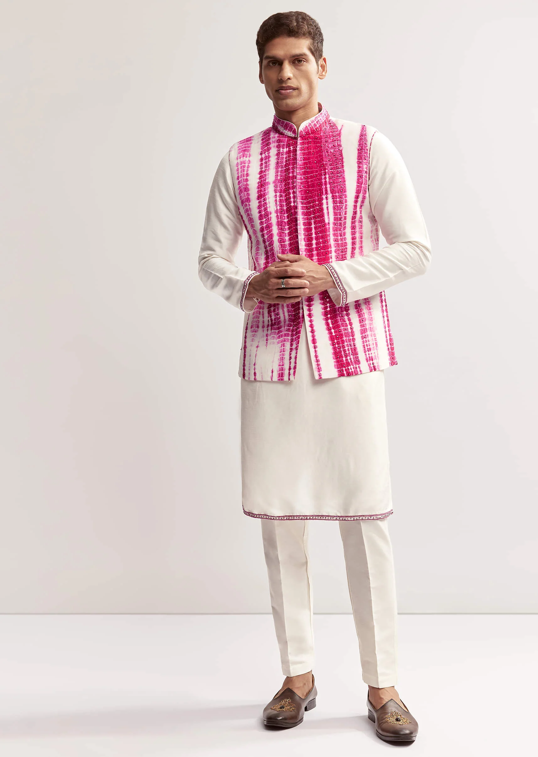 Pink Silk Tie-Dye Kurta Jacket Set For Men With Sequin Work - Image 4