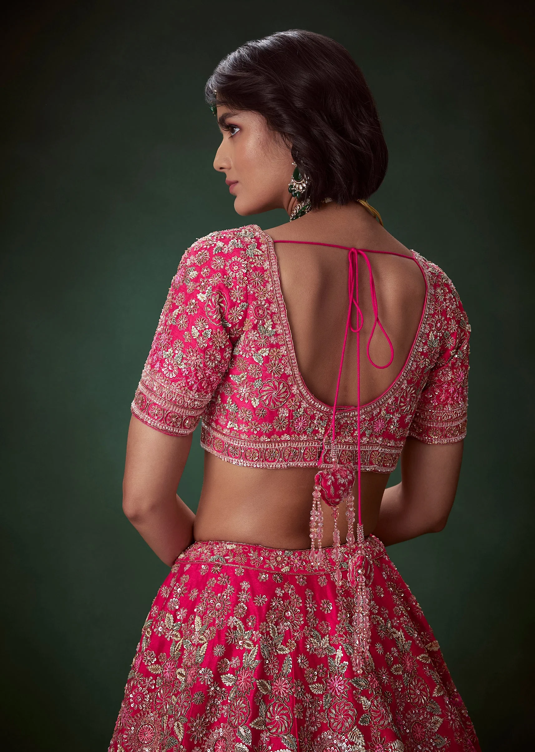 Pink Silk Zari Embroidered Bridal Lehenga Set - Image 5