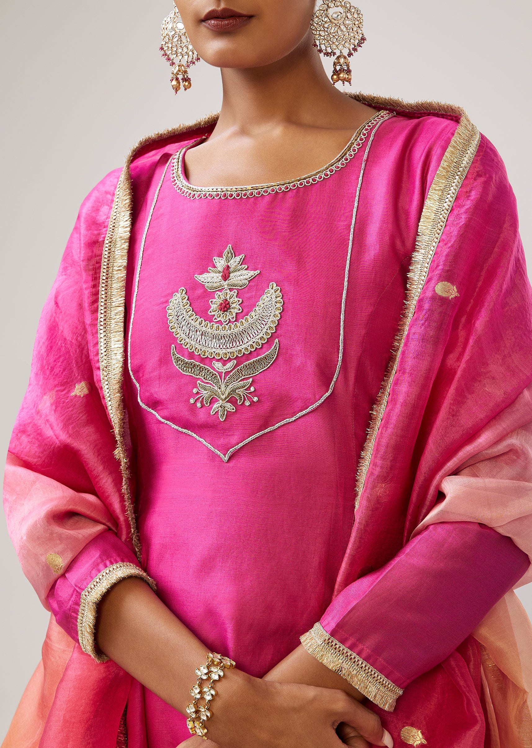Pink Silver Zardozi Anarkali Set With Pant And Dupatta - Image 2