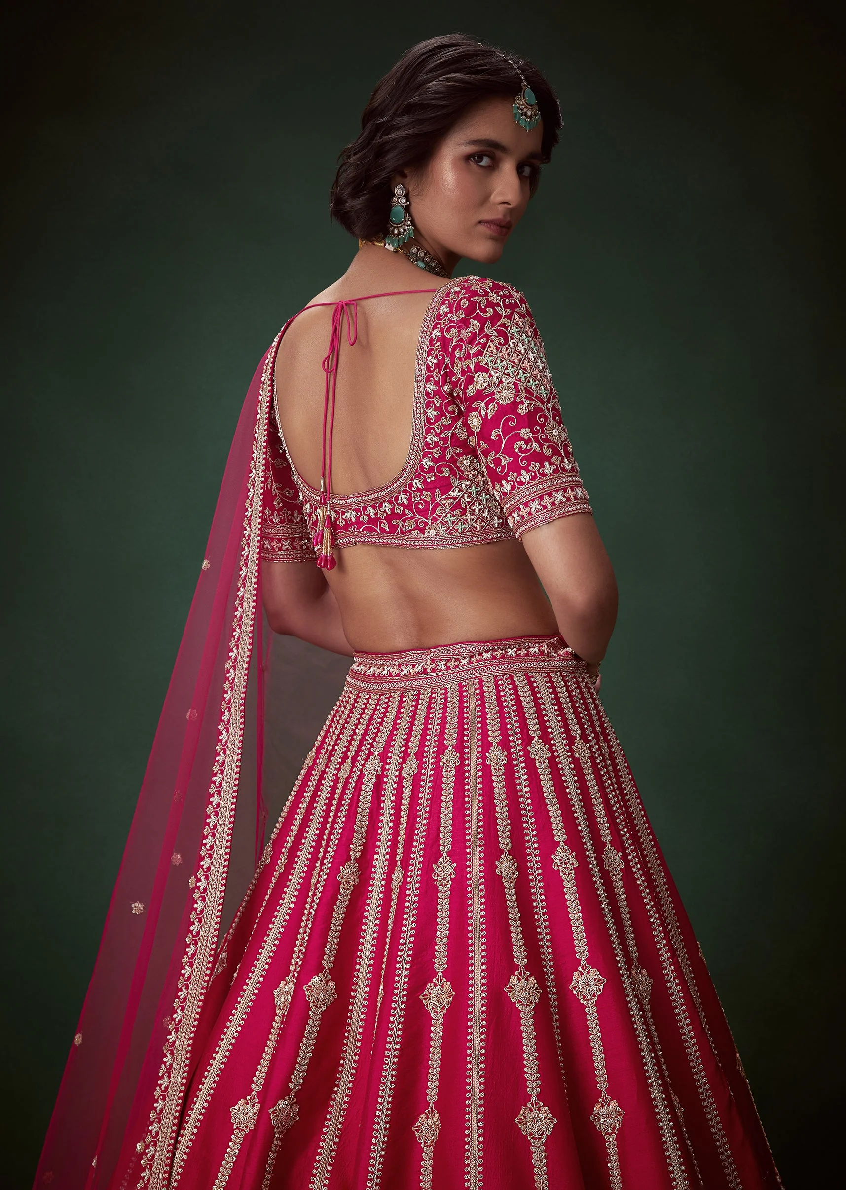 Pink Stone Embroidered Bridal Lehenga Set - Image 5