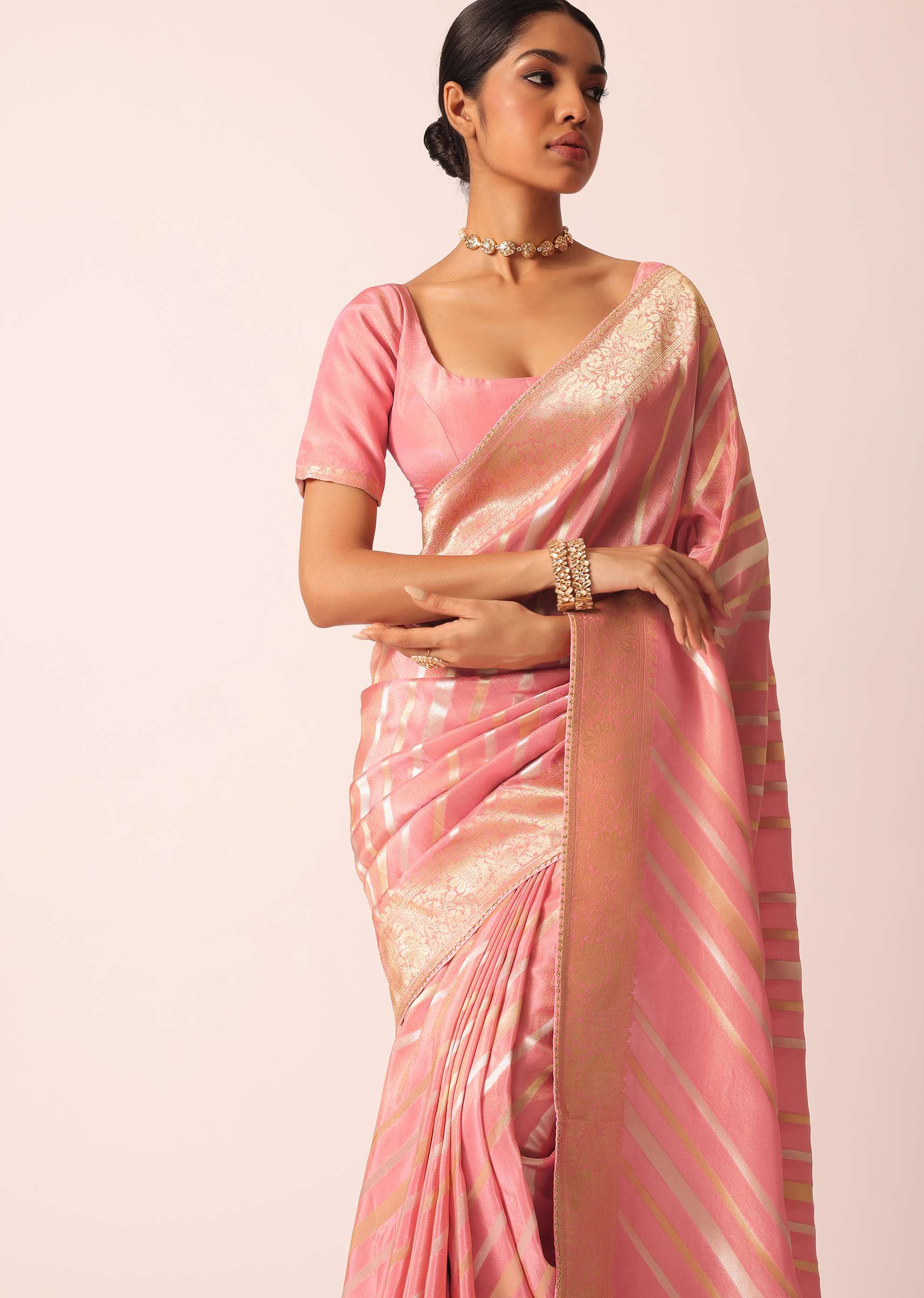 Pink Striped Tissue Silk Saree with Brocade Border Pallu And Unstitched Blouse Piece - Image 2