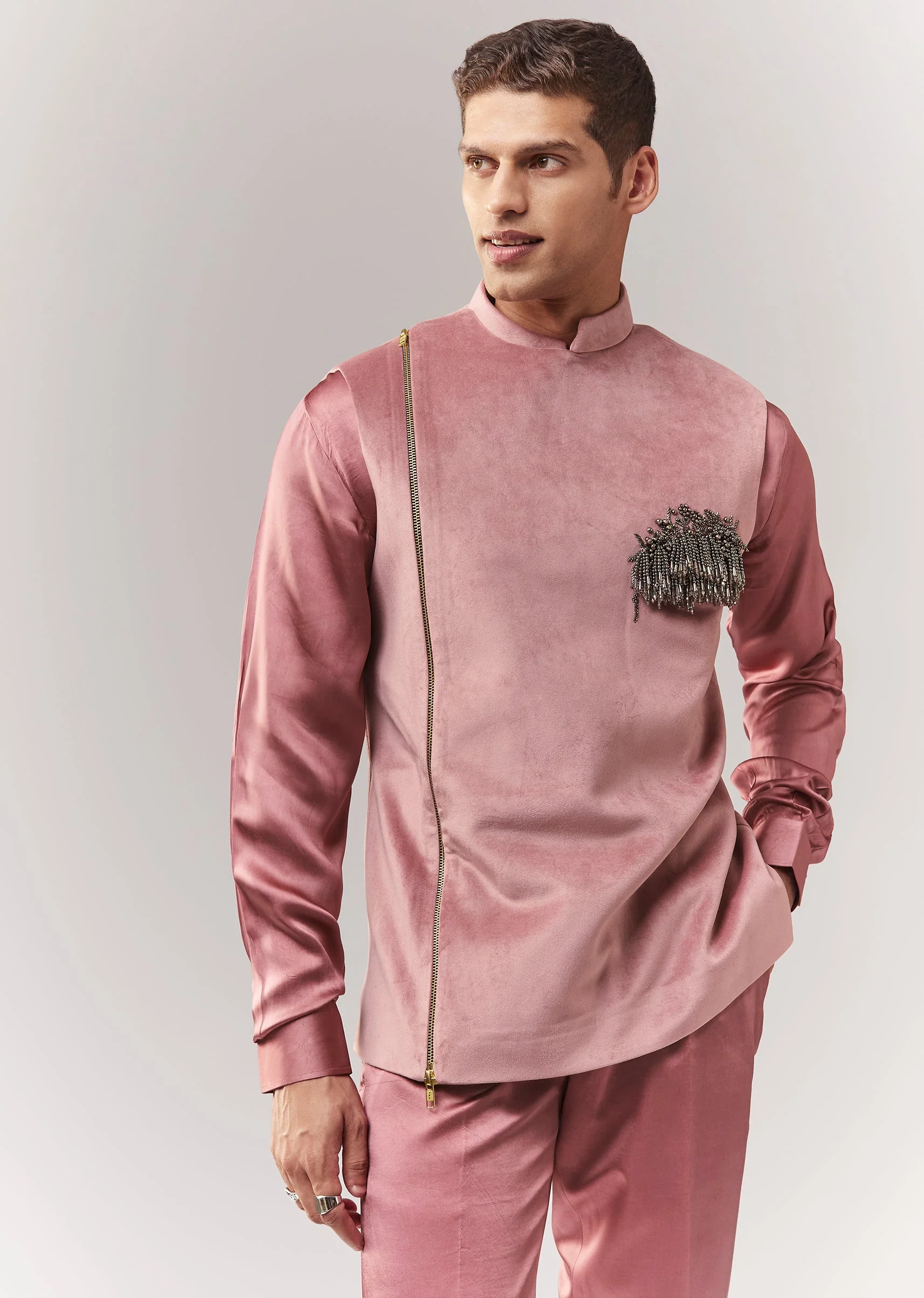 Pink Suede Patch Pocket Bandi Set With Tassels Stones And Beads - Image 4