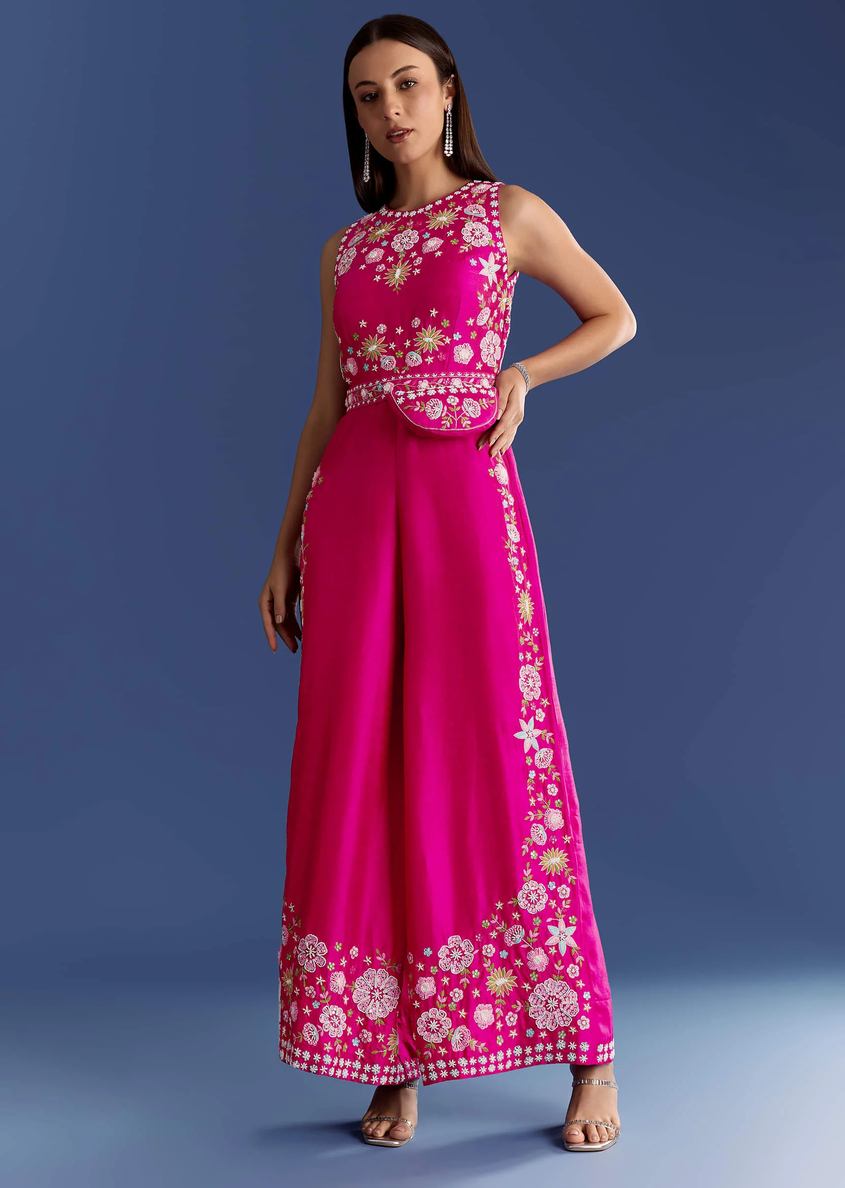 Pink Thread And Moti Work Jumpsuit With Waist Belt - Image 2