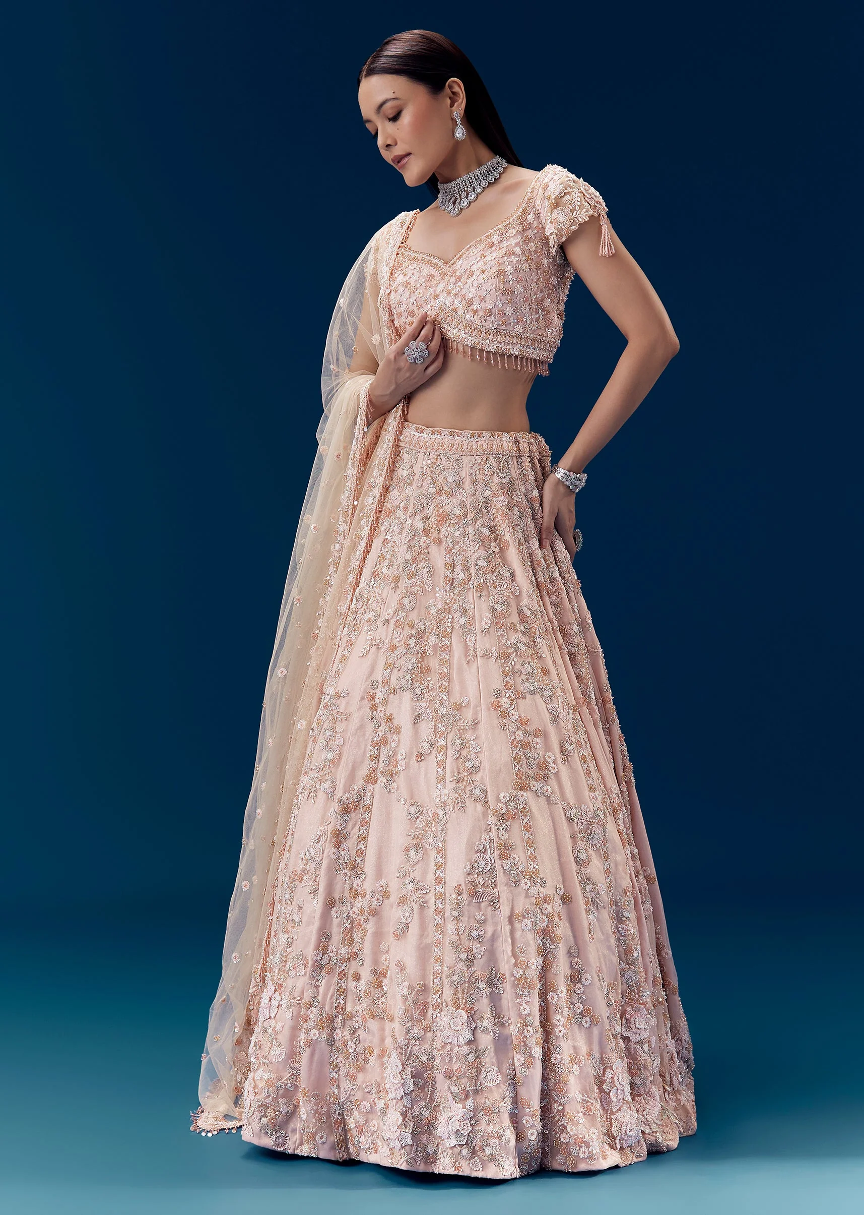 Pink Thread Embroidered Bridal Lehenga Set
