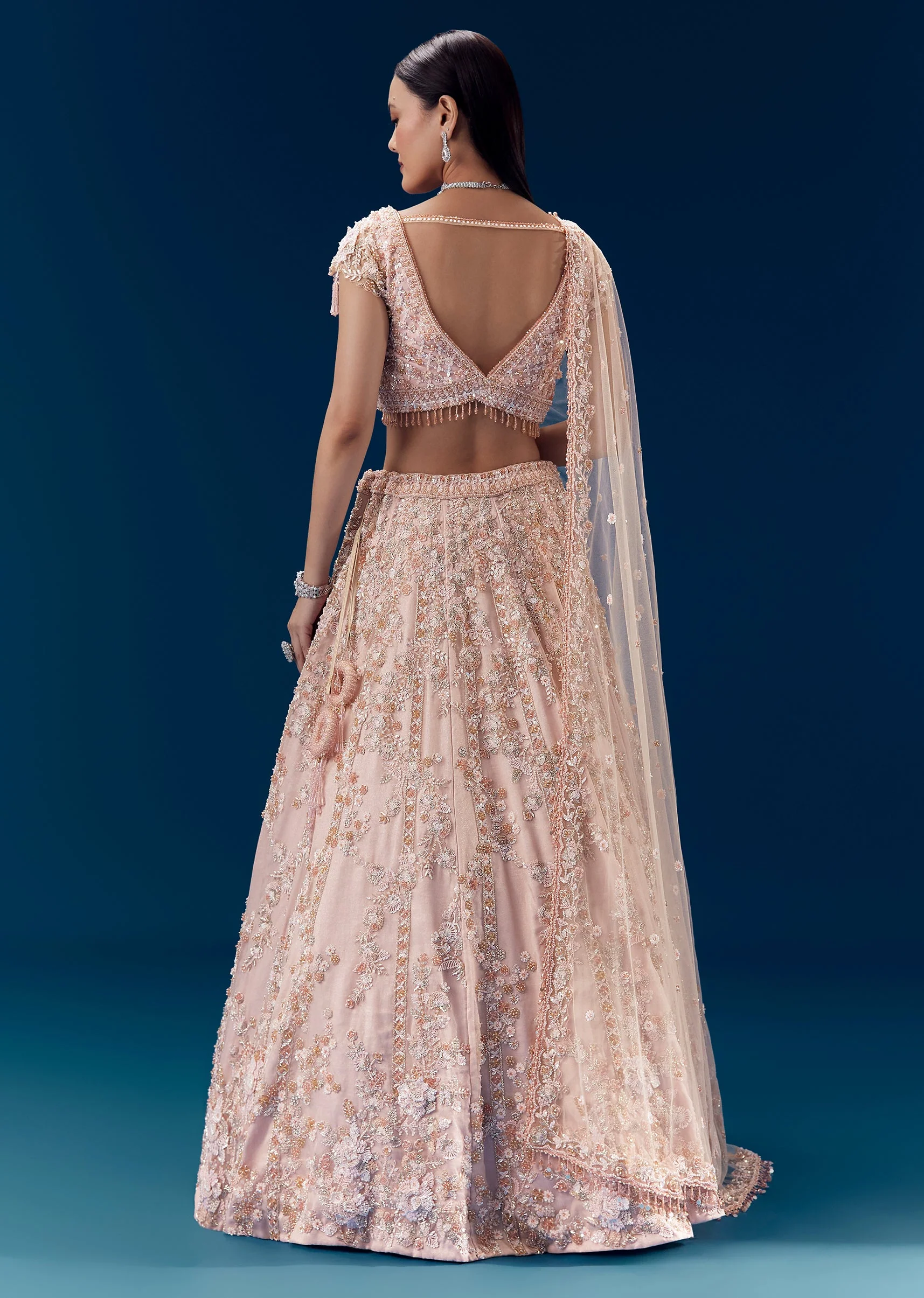 Pink Thread Embroidered Bridal Lehenga Set - Image 2