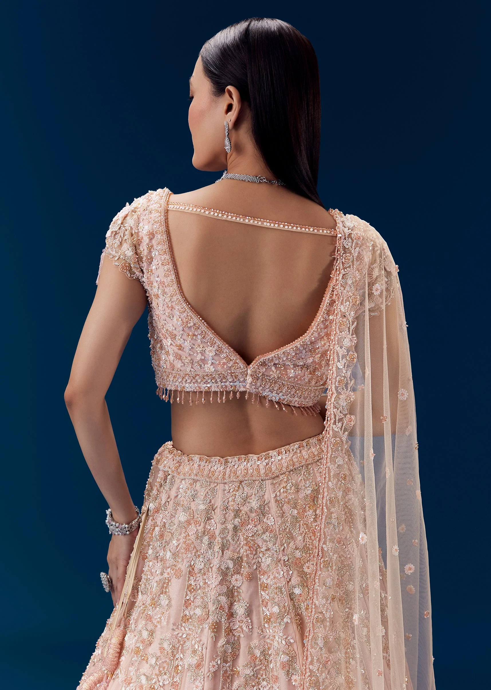 Pink Thread Embroidered Bridal Lehenga Set - Image 6