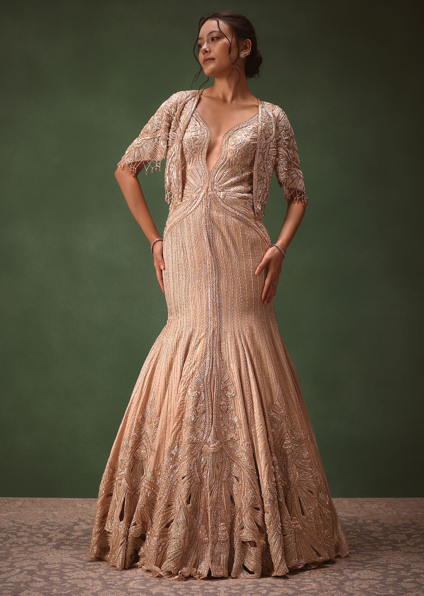 Pink Tissue Cutdana Fishcut Lehenga With Cape And Jacket - Image 2