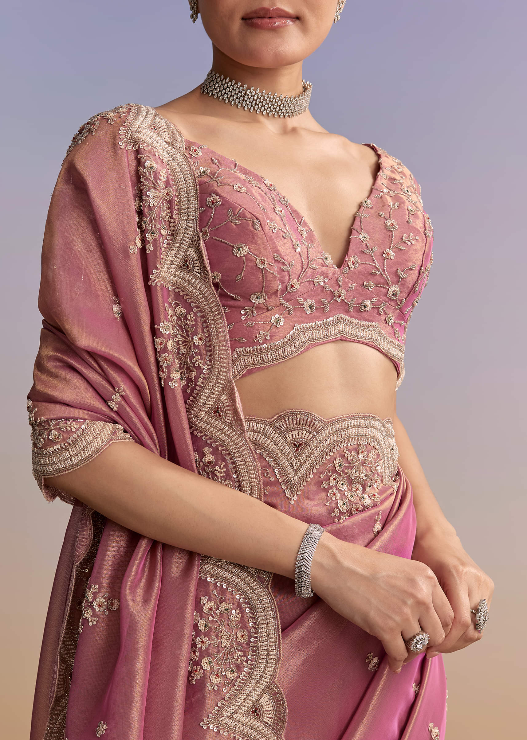 Pink Tissue Embroidered Saree With Sequin And Stone Work - Image 2