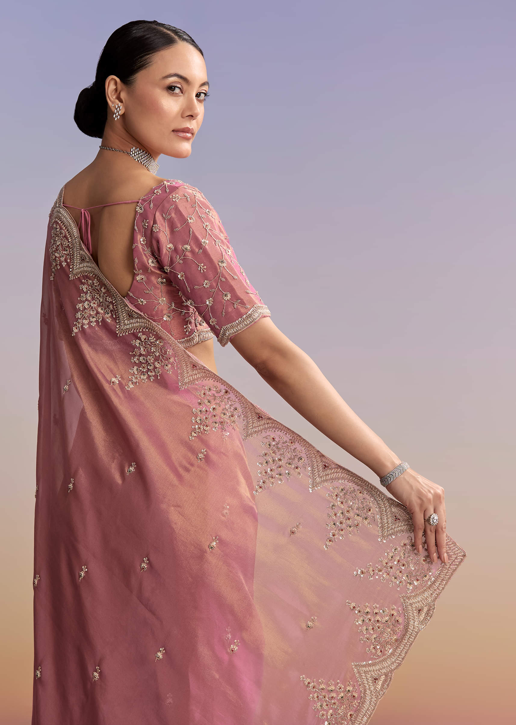 Pink Tissue Embroidered Saree With Sequin And Stone Work - Image 6