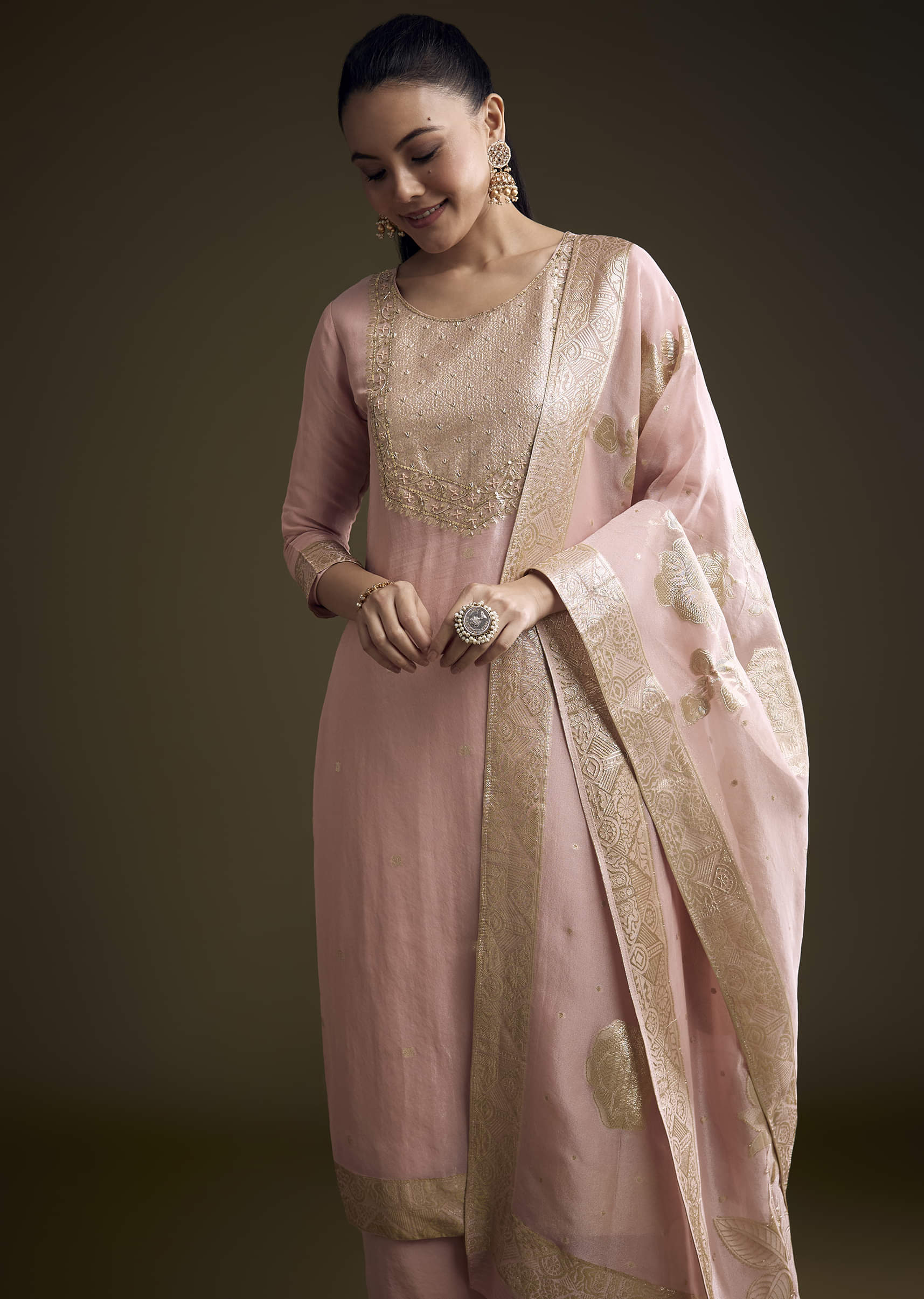 Pink Tissue Kurta Set With Zardosi Work And Banarasi Weave - Image 4