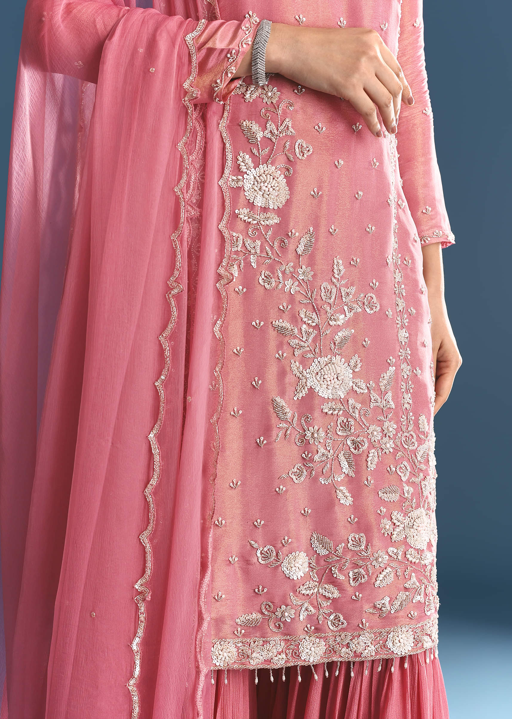Pink Tissue Kurta Sharara Suit With Moti Cut Dana Work - Image 2