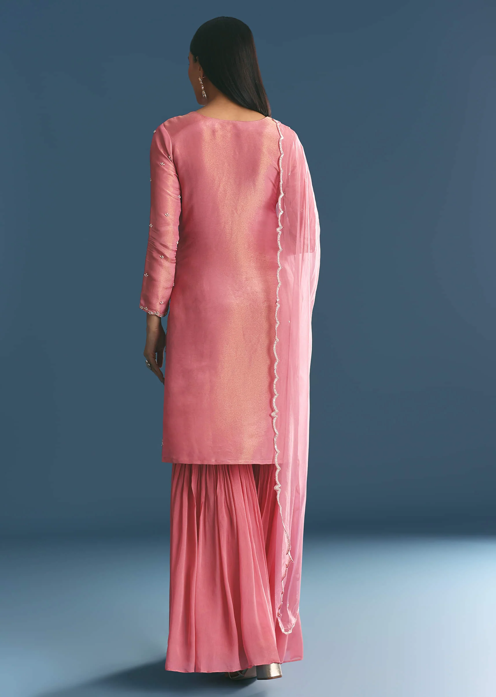 Pink Tissue Kurta Sharara Suit With Moti Cut Dana Work - Image 5