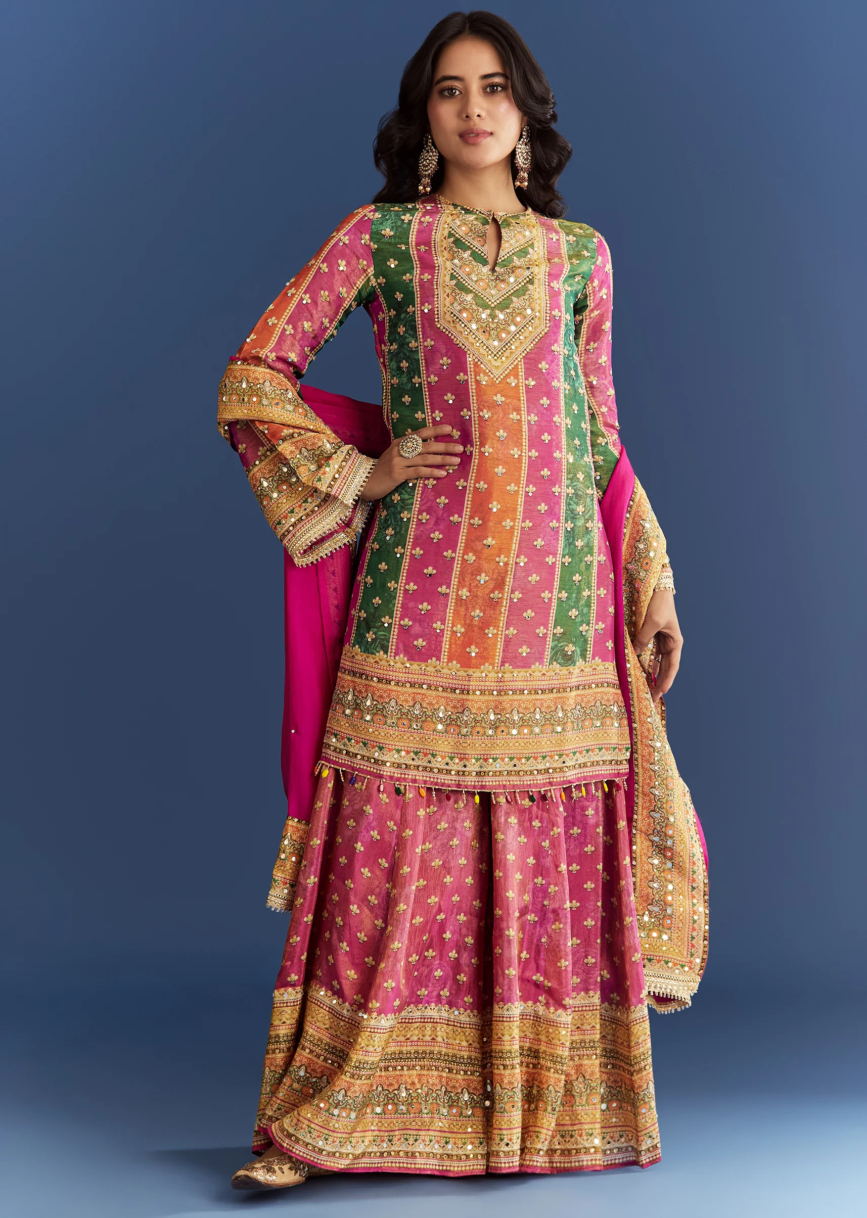 Pink Tissue Kurta With Printed Palazzo And Organza Dupatta - Image 3