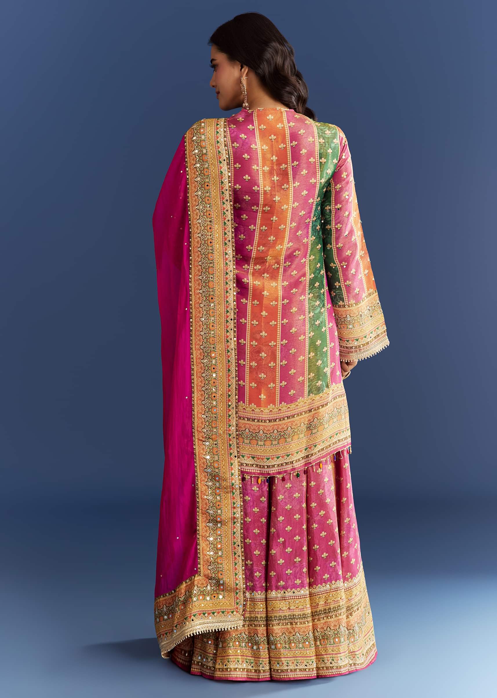 Pink Tissue Kurta With Printed Palazzo And Organza Dupatta - Image 5
