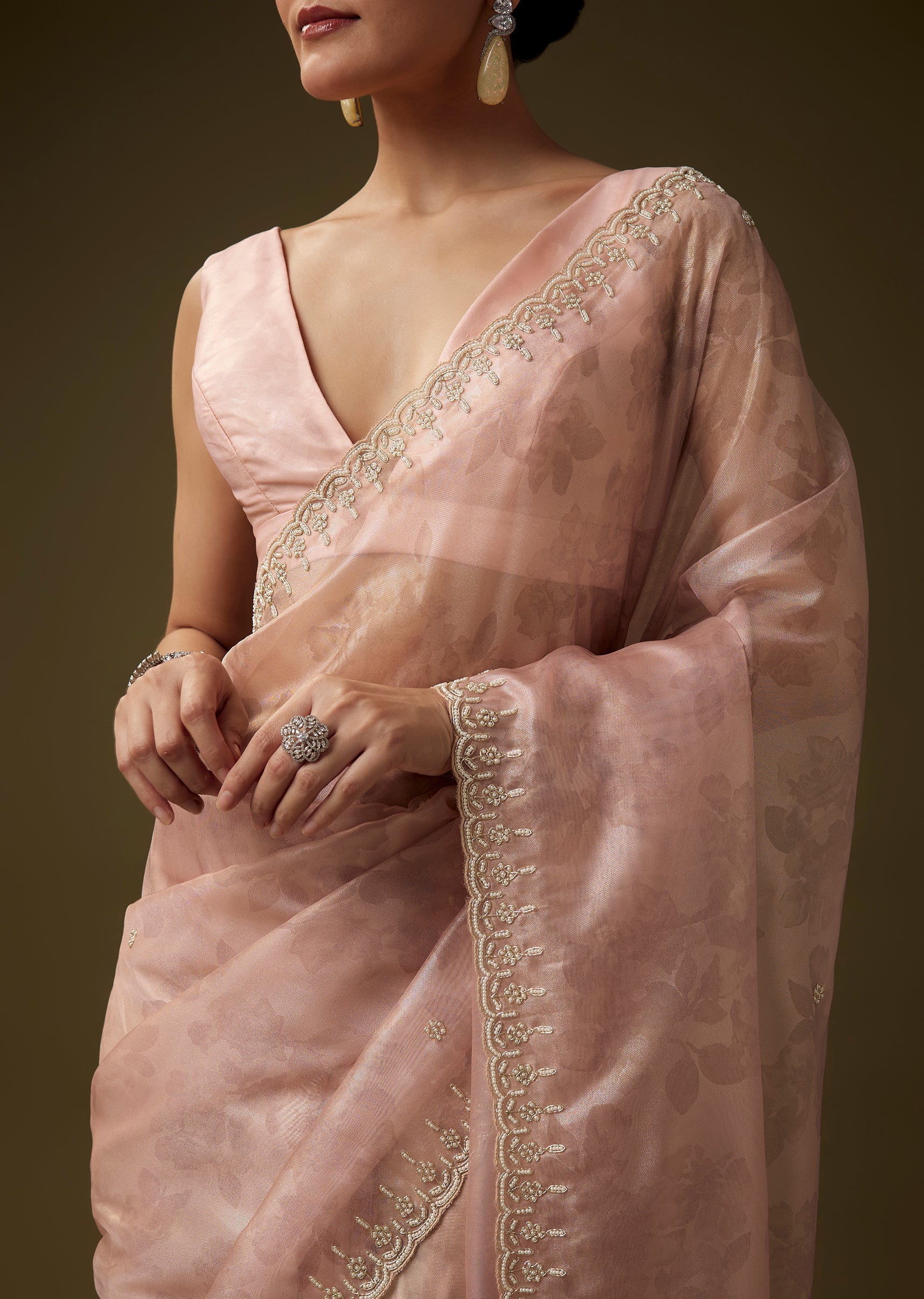 Pink Tissue Moti Embroidered Saree with Unstitched Blouse - Image 2