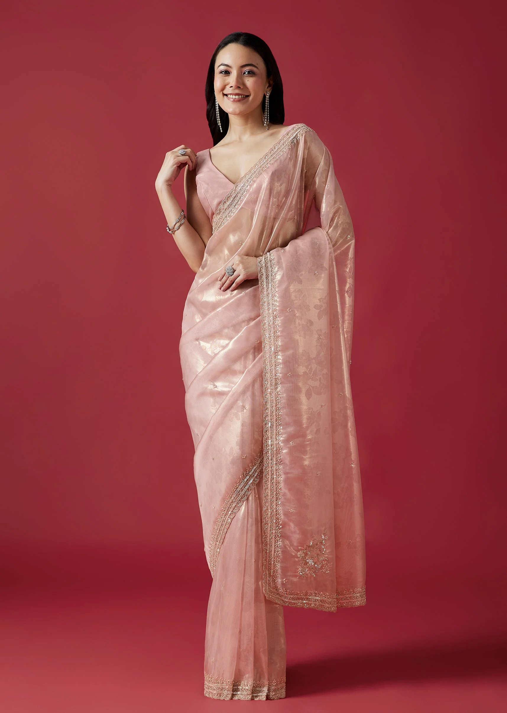 Pink Tissue Organza Jacquard Saree With Embroidered Scallop Border - Image 3