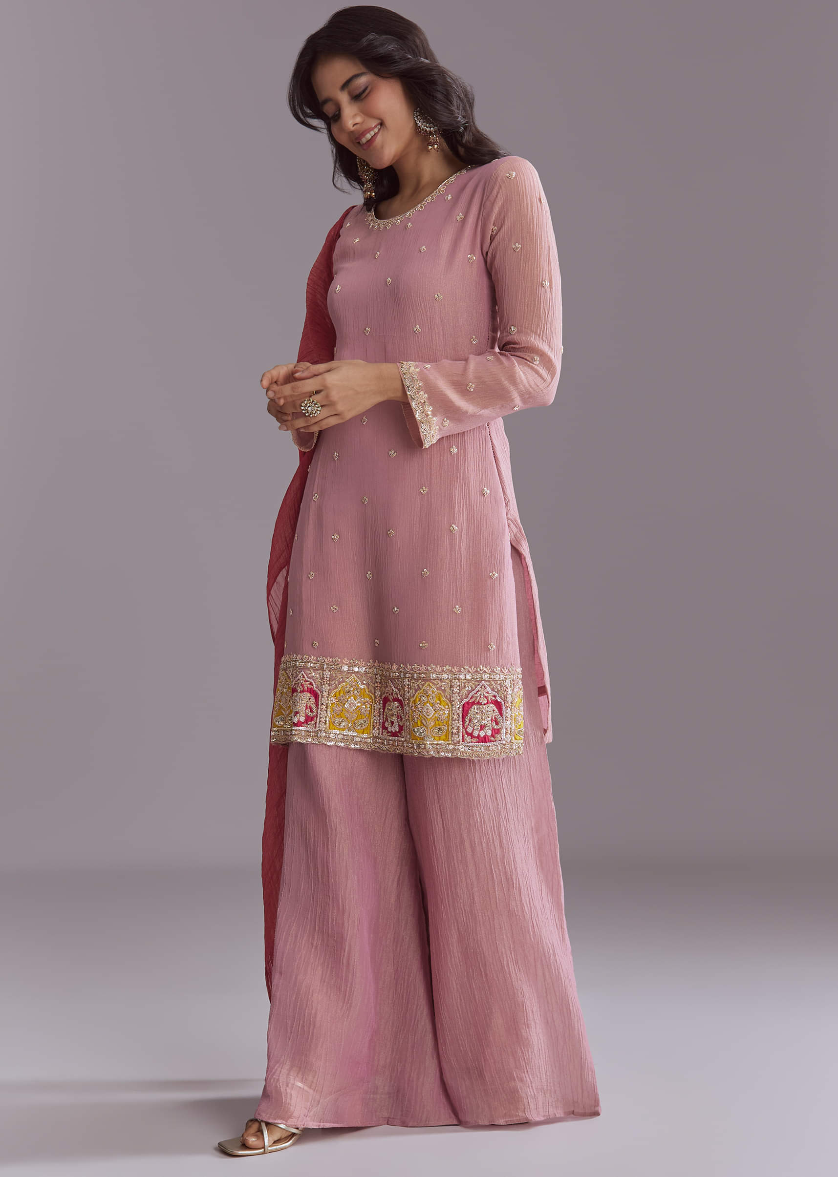 Pink Tissue Palazzo Suit With Embroidery And Contrast Dupatta - Image 3