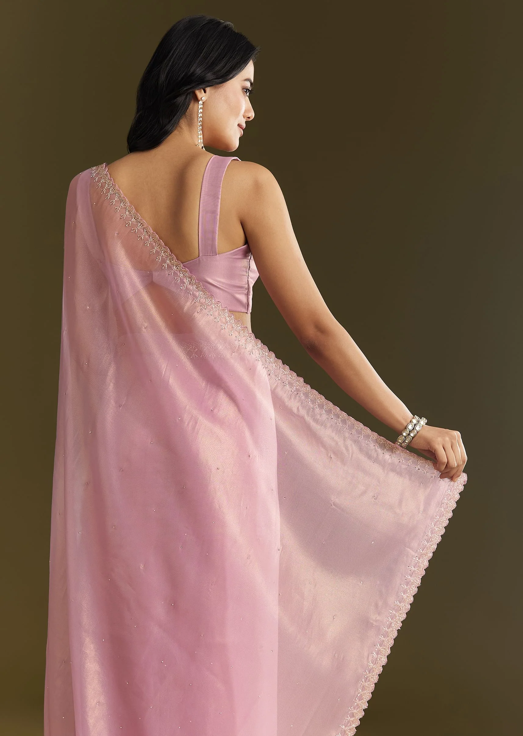 Pink Tissue Saree With All Over Stone Embellishment And Cutdana Scallop Border - Image 4