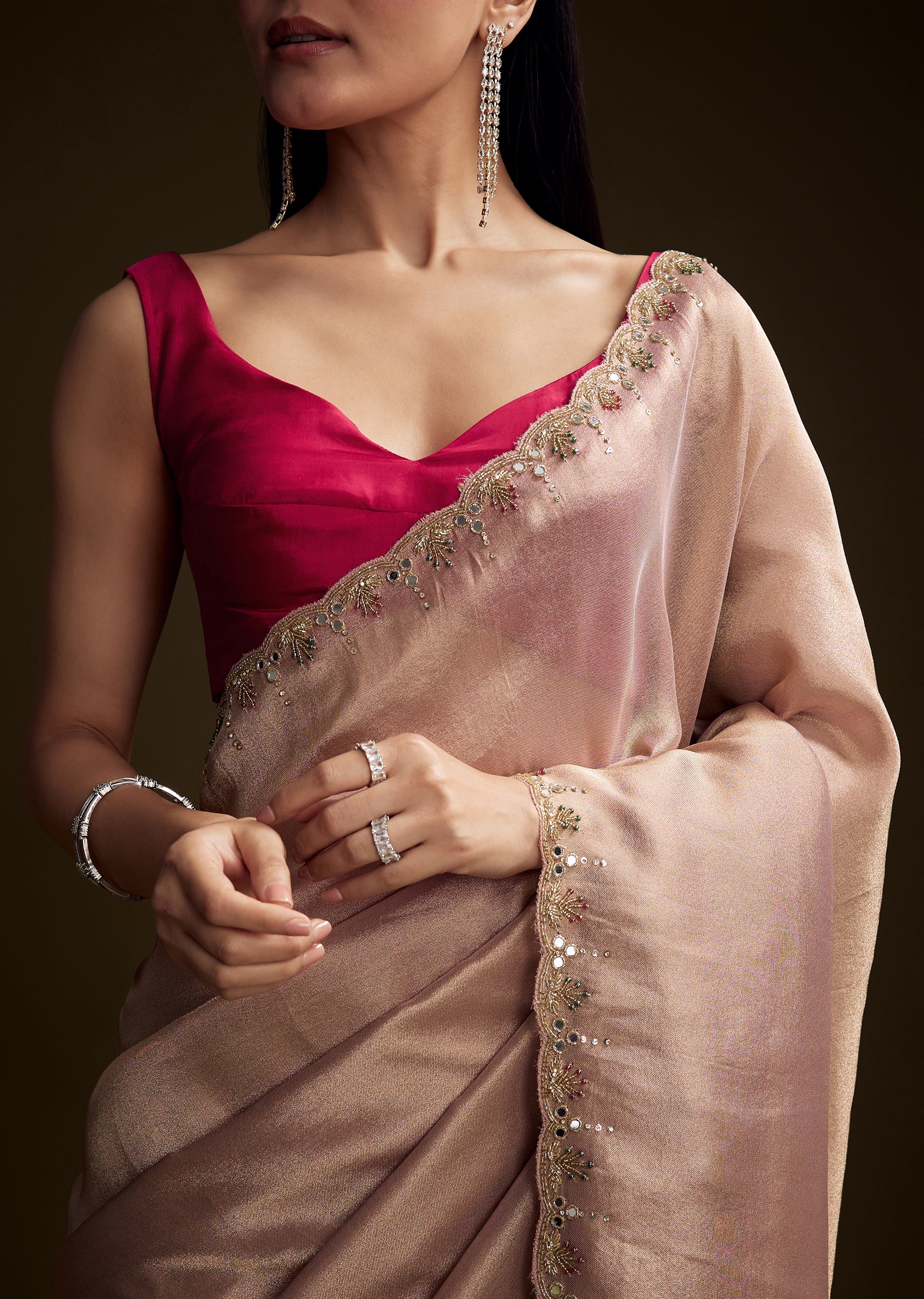Pink Tissue Saree With Cutdana And Mirror Embroidery - Image 3