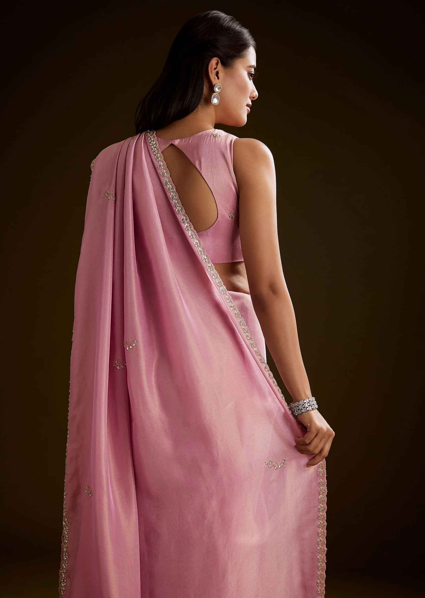 Pink Tissue Saree With Cutdana Embroidery And Scallop Border - Image 6