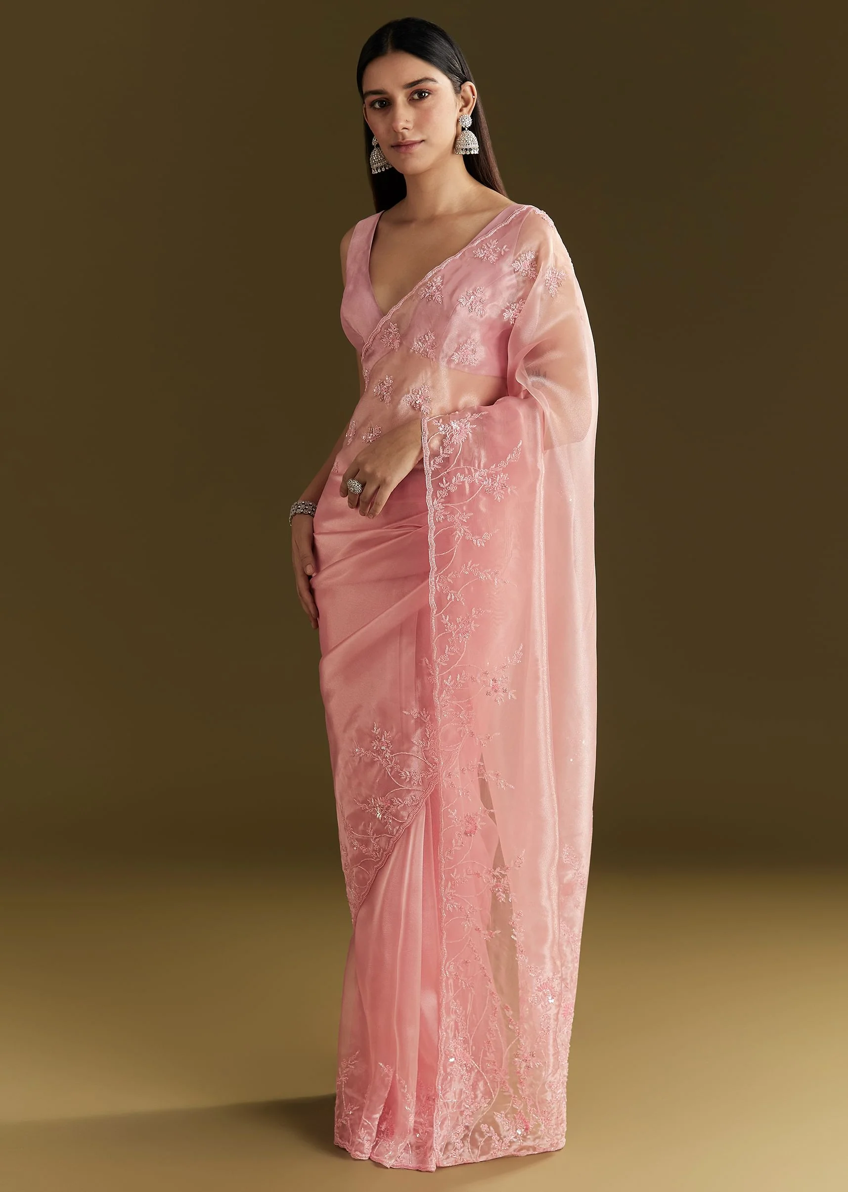 Pink Tissue Saree With Heavy Cutdana And Beads Embroidery - Image 2