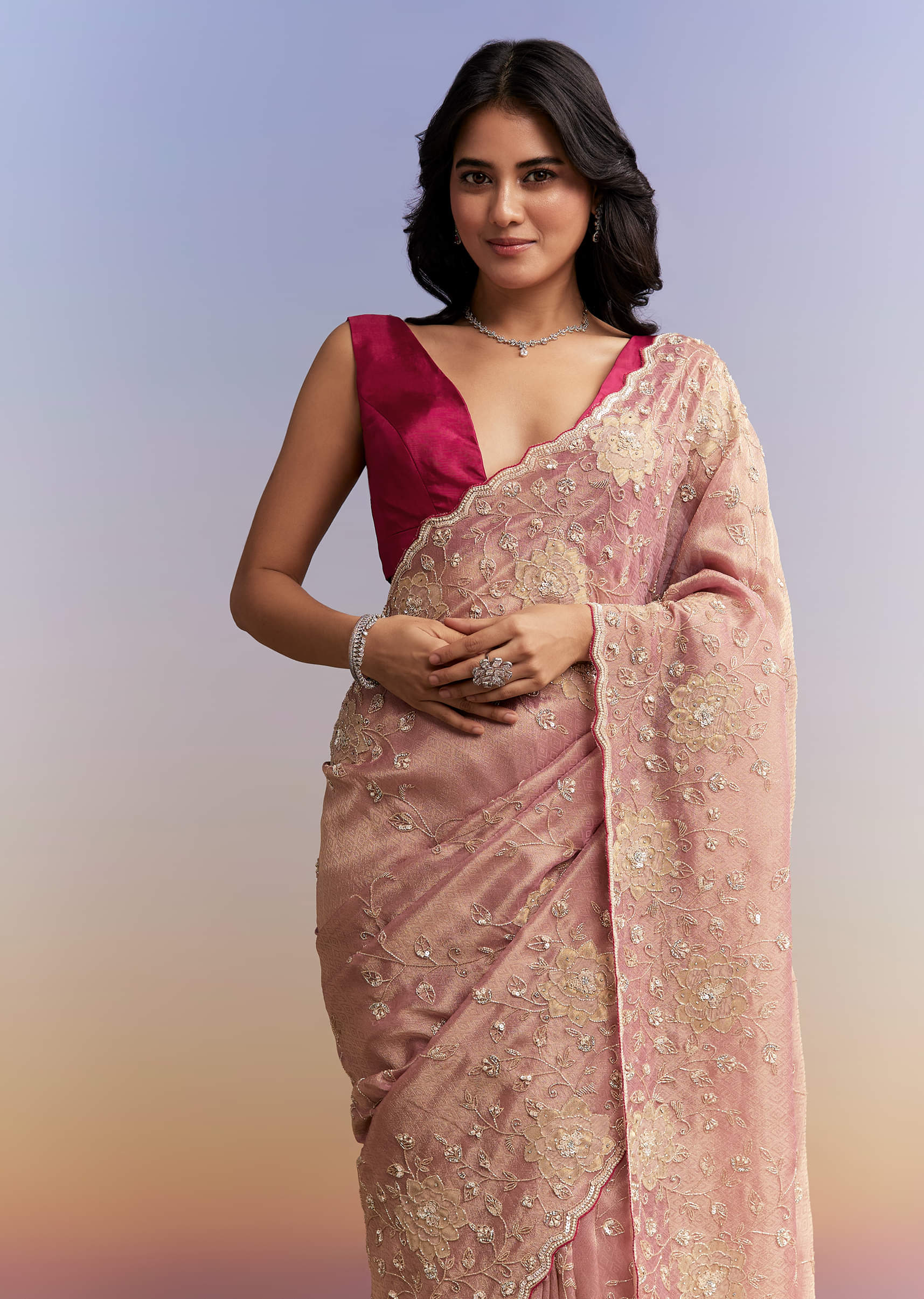 Pink Tissue Saree With Heavy Hand Embroidery - Image 2