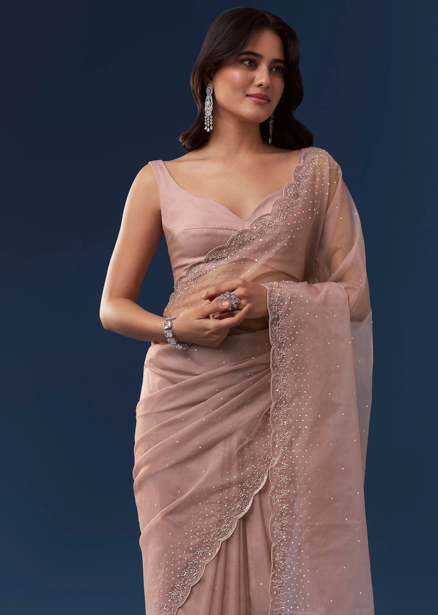 Pink Tissue Saree With Scallop Border And Cutdana Sequin Embroidery - Image 5