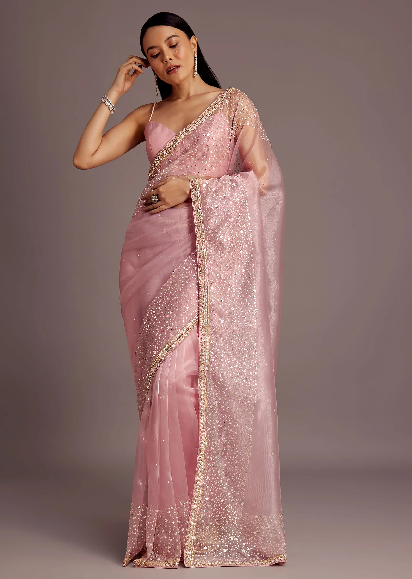 Pink Tissue Saree With Sequins Embellished Border - Image 5
