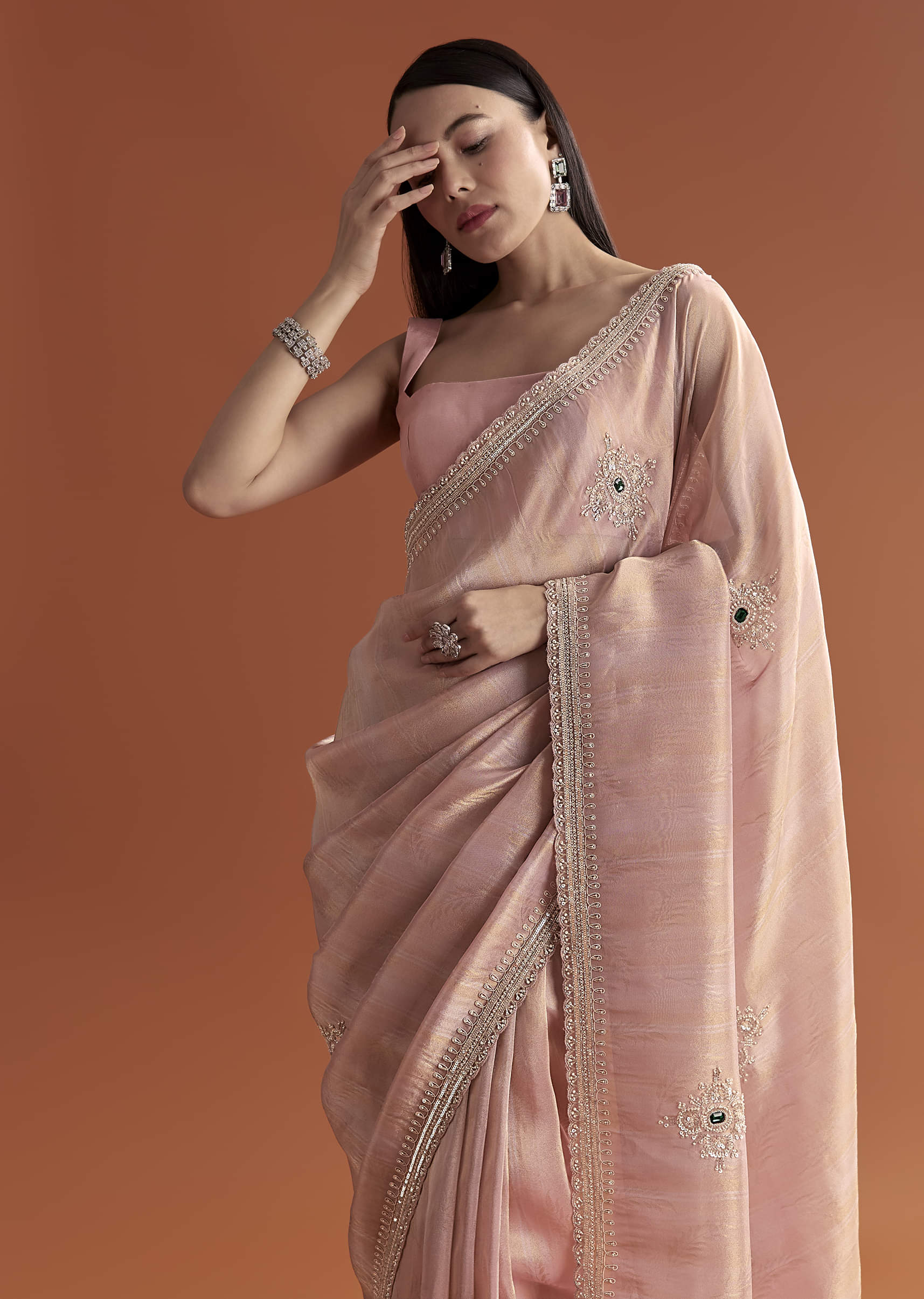Pink Tissue Saree With Zardosi And Stone Embroidery - Image 5