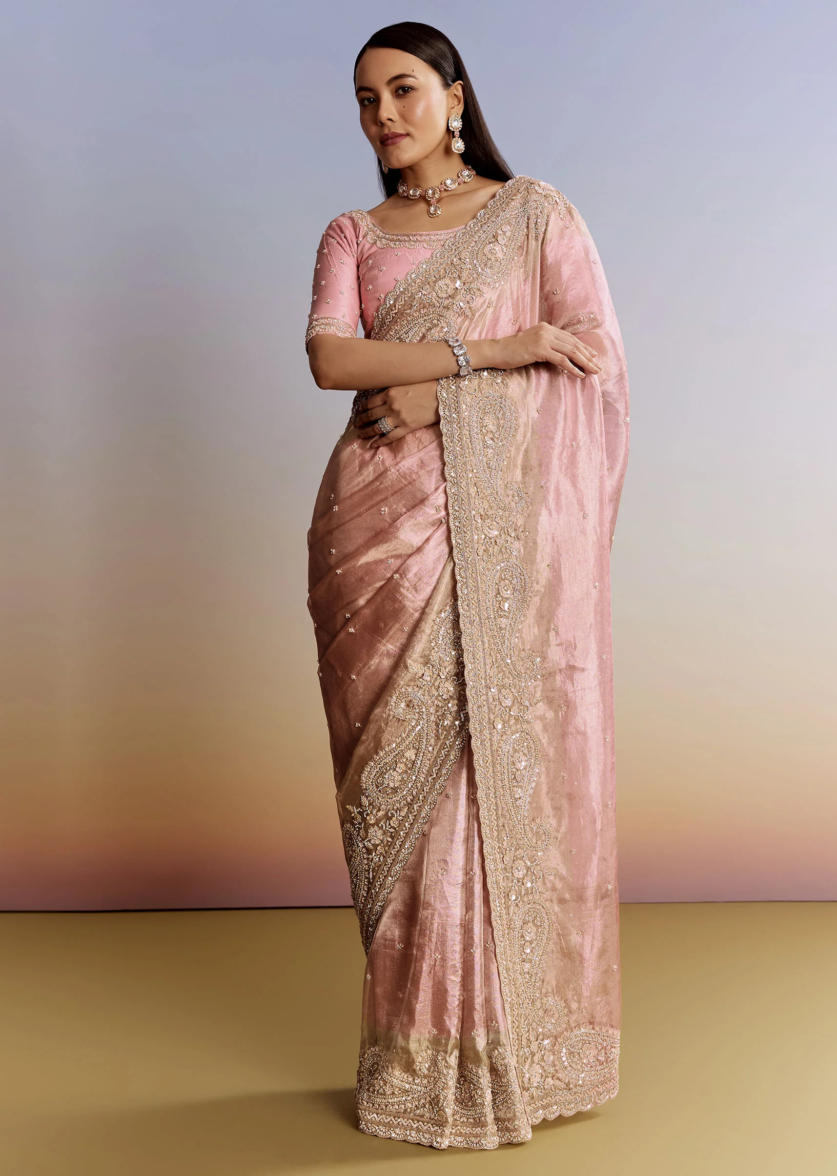 Pink Tissue Saree With Zardosi Moti And Cutdana Blouse - Image 3