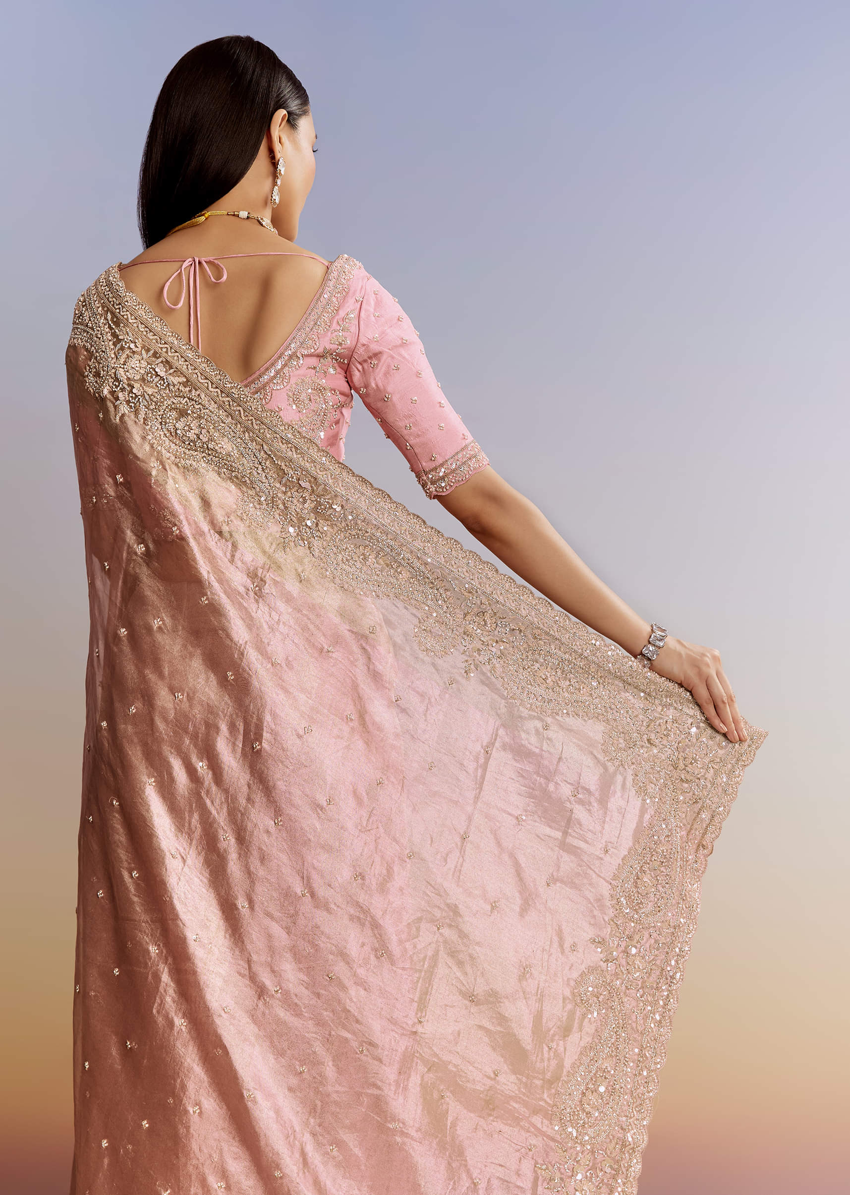 Pink Tissue Saree With Zardosi Moti And Cutdana Blouse - Image 6