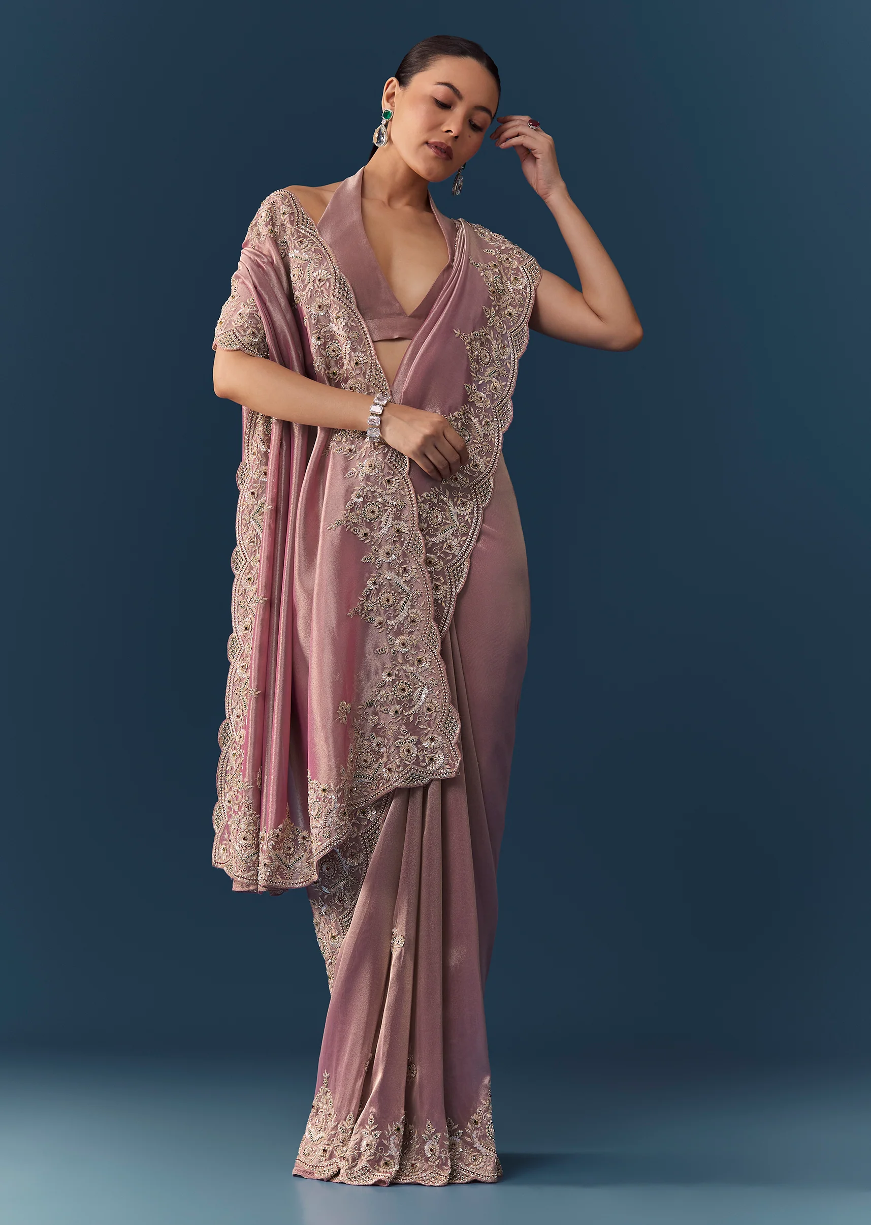 Pink Tissue Silk Embroidered Saree with Blouse Fabric - Image 3