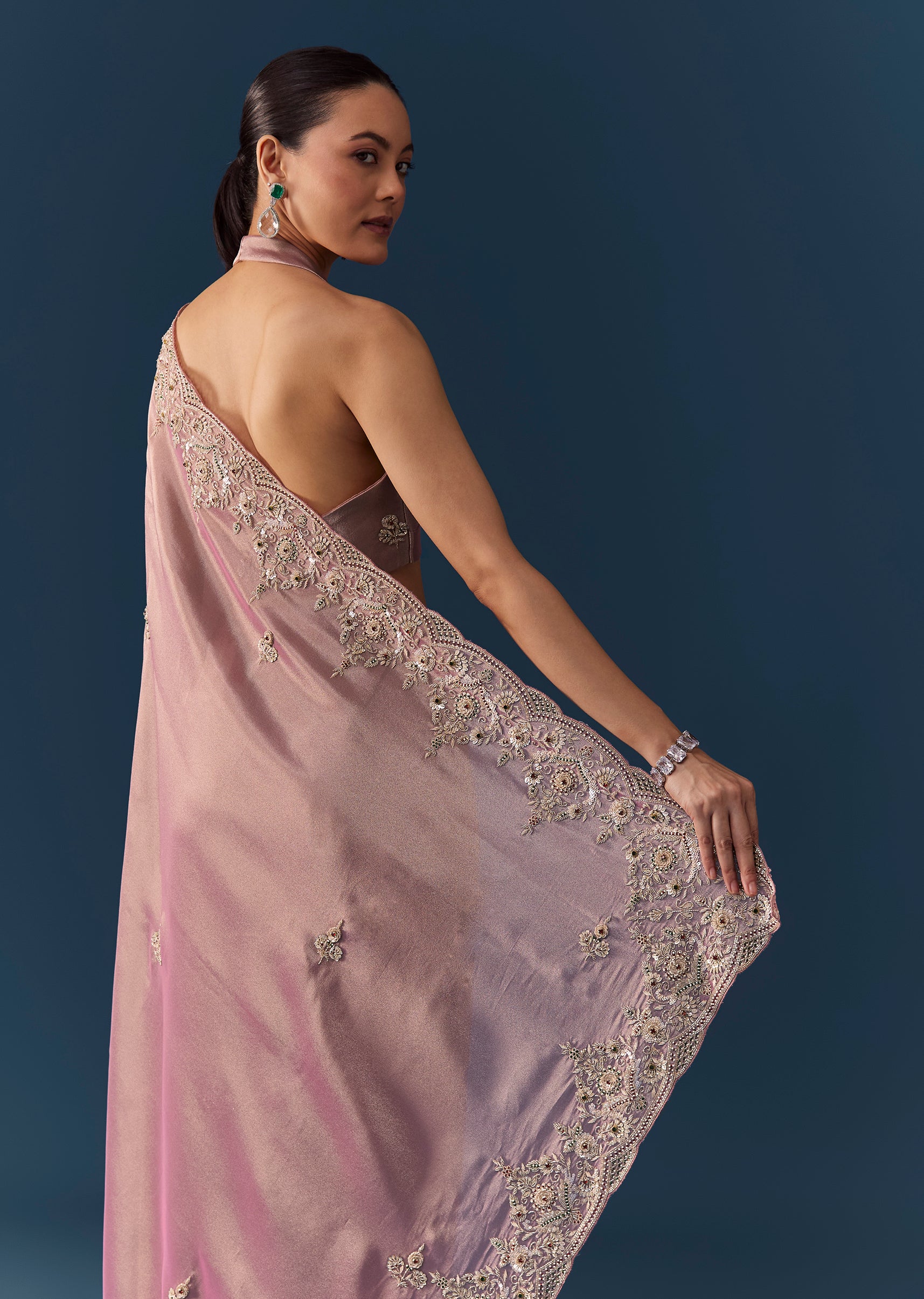 Pink Tissue Silk Embroidered Saree with Blouse Fabric - Image 6