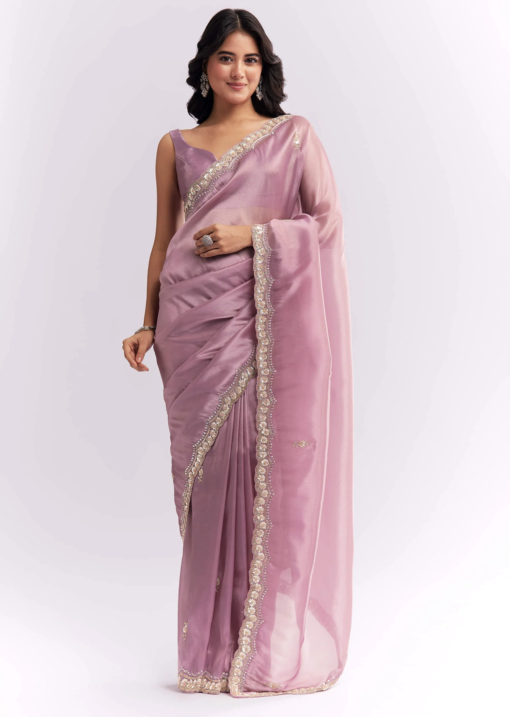 Pink Tissue Silk Saree With Heavy Hand Embroidery - Image 3