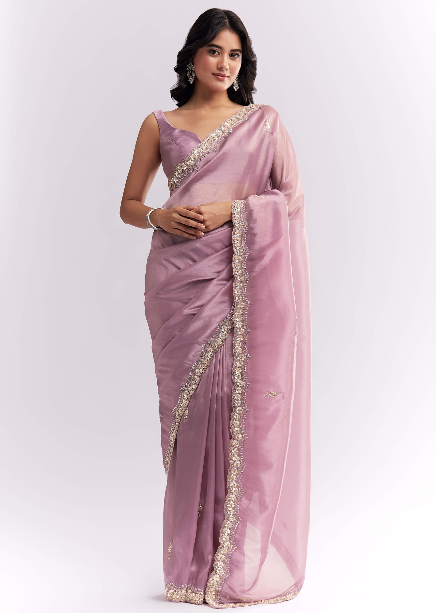 Pink Tissue Silk Saree With Heavy Hand Embroidery - Image 5
