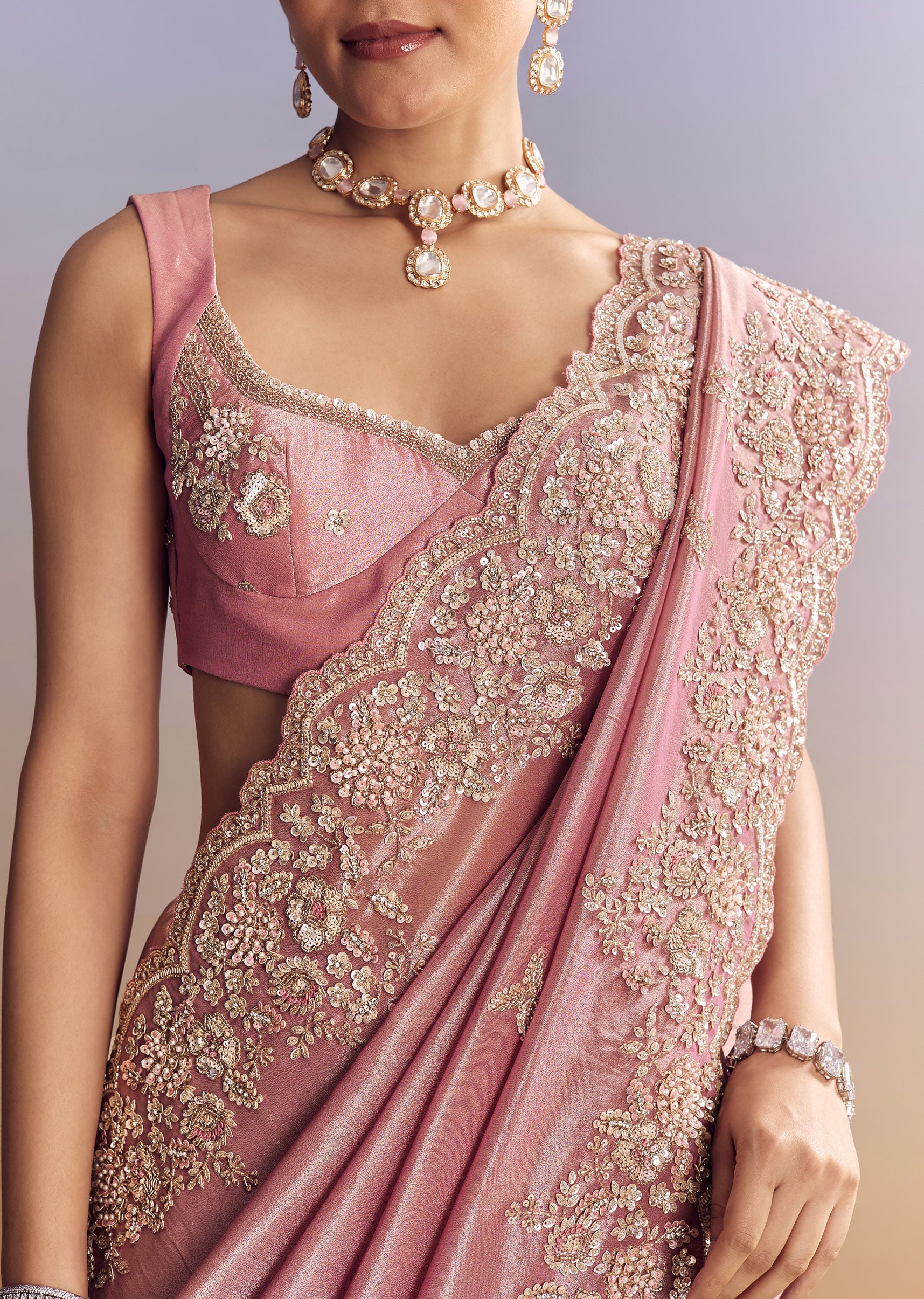 Pink Tissue Silk Saree With Scalloped Border - Image 2