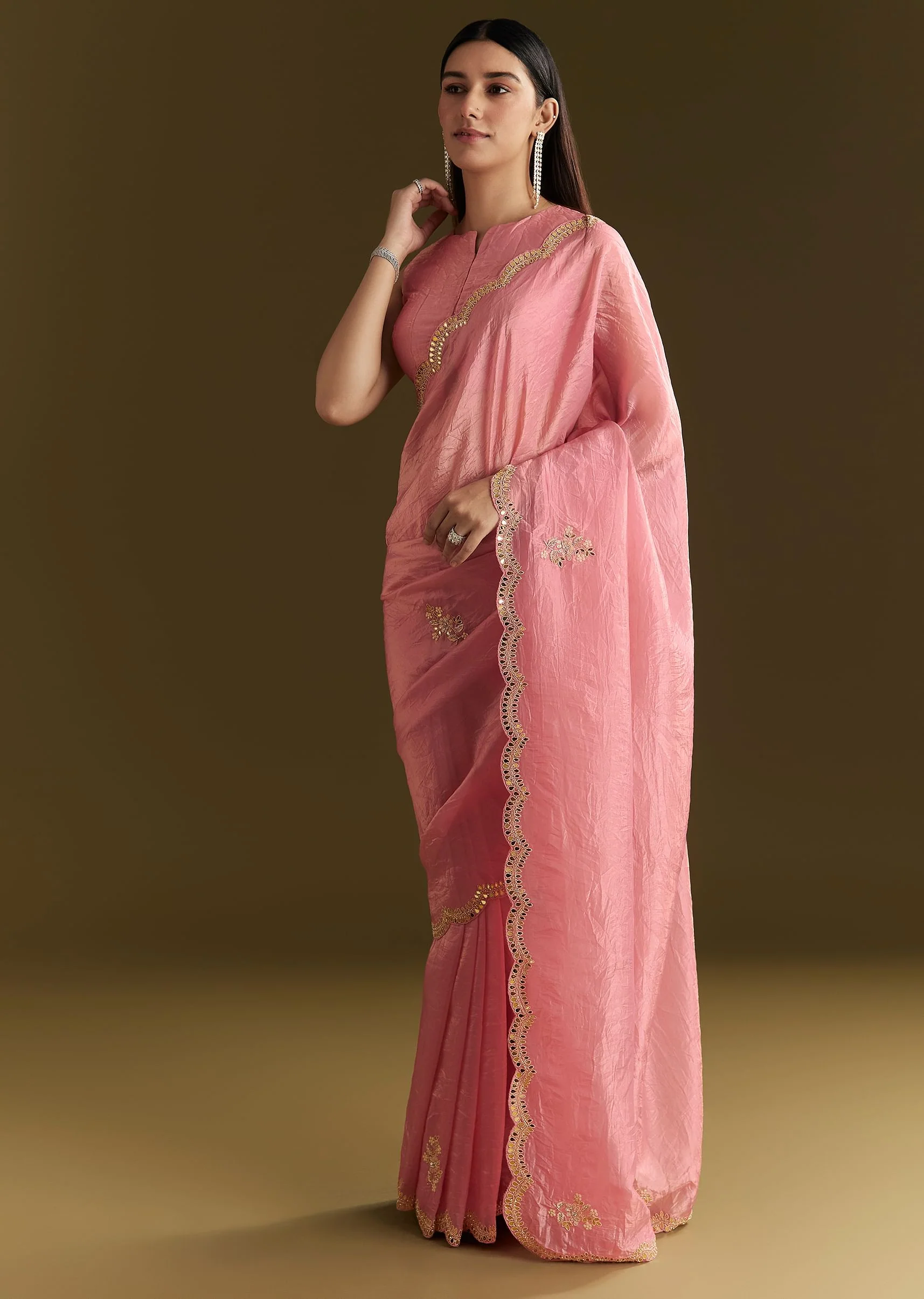 Pink Tissue Zardozi Saree With Scallop Border - Image 3
