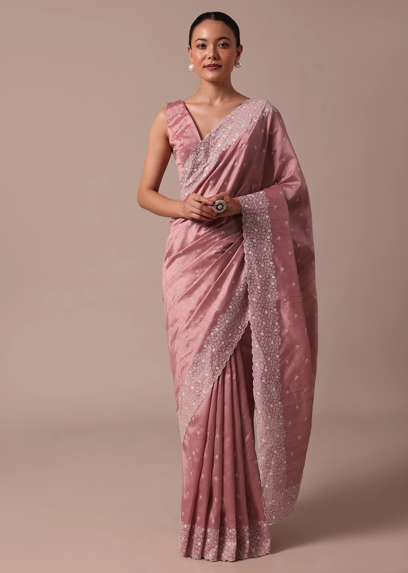 Pink Tussar Saree With Unstitched Blouse - Image 3