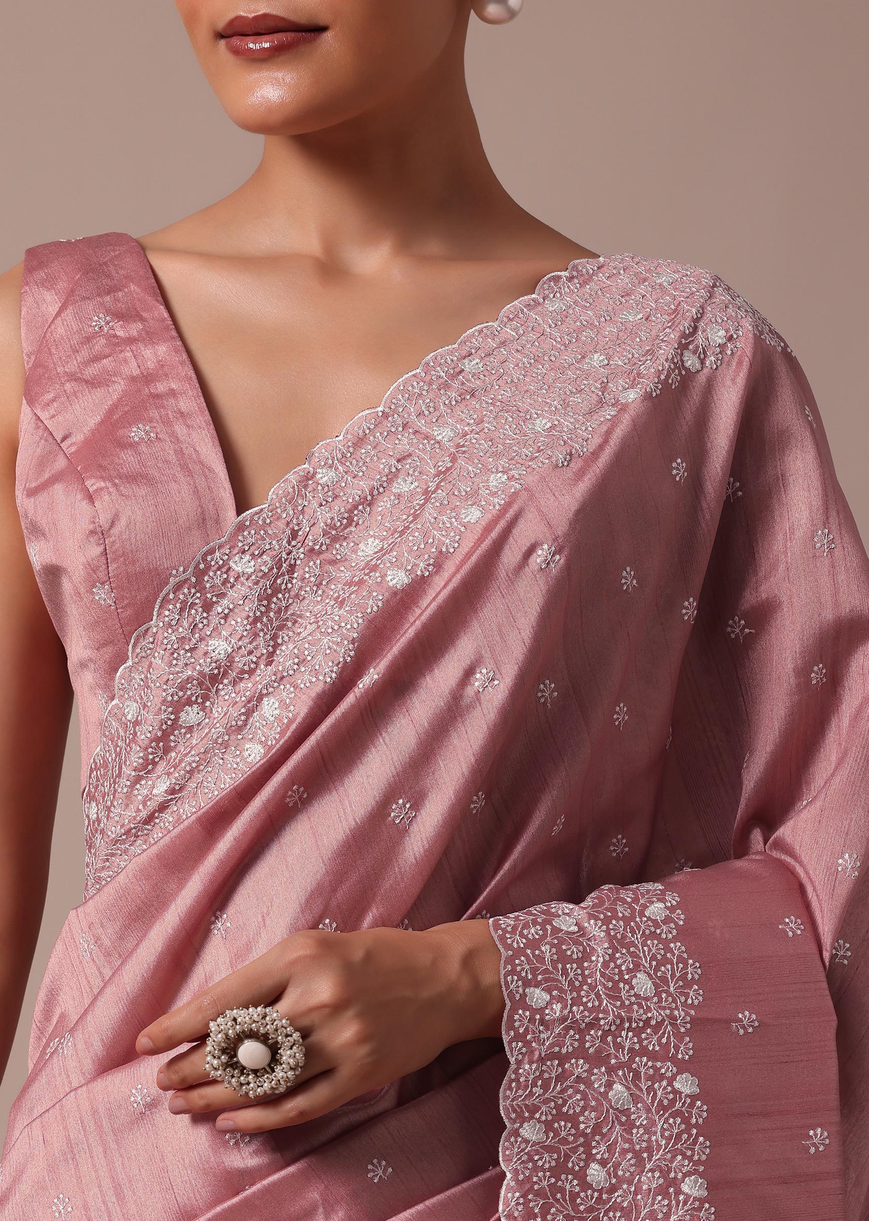 Pink Tussar Saree With Unstitched Blouse - Image 5