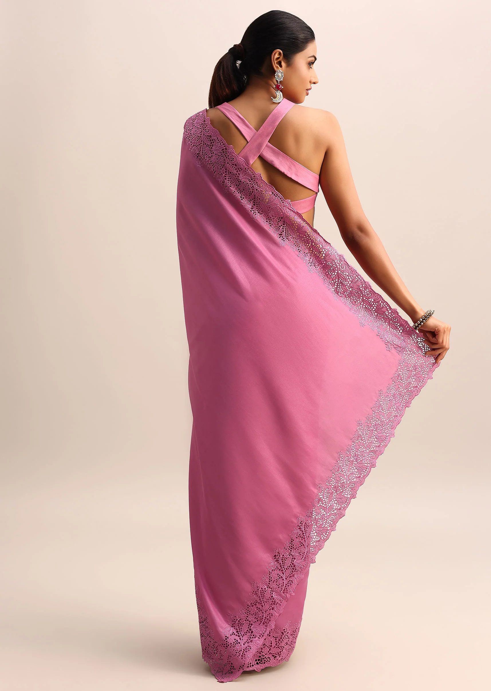 Pink Tussar Silk Saree With Thread And Cutwork On Border Pallu With Unstitched Blouse - Image 6