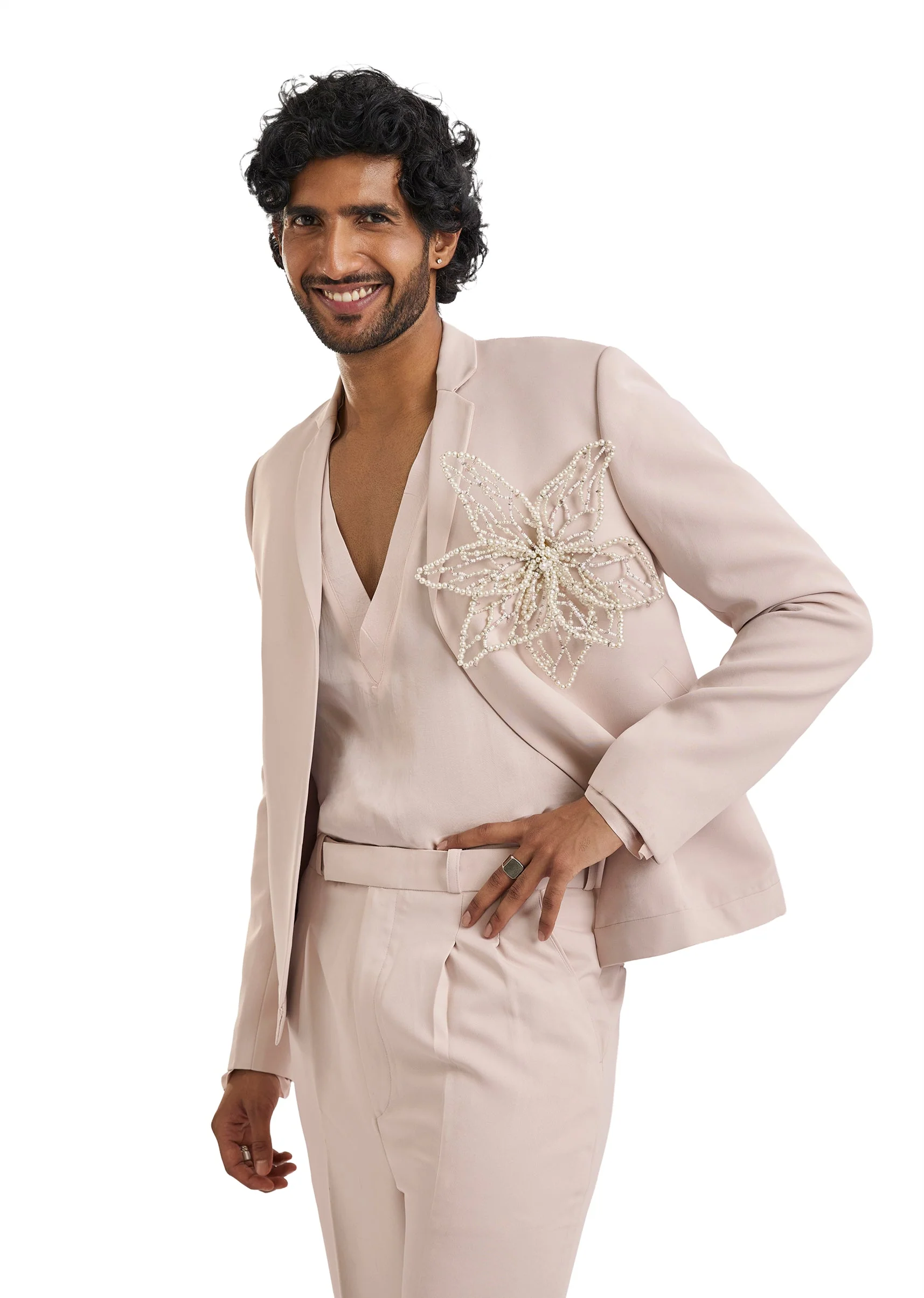 Pink Tuxedo Set With Pearl Floral Embroidery - Image 4