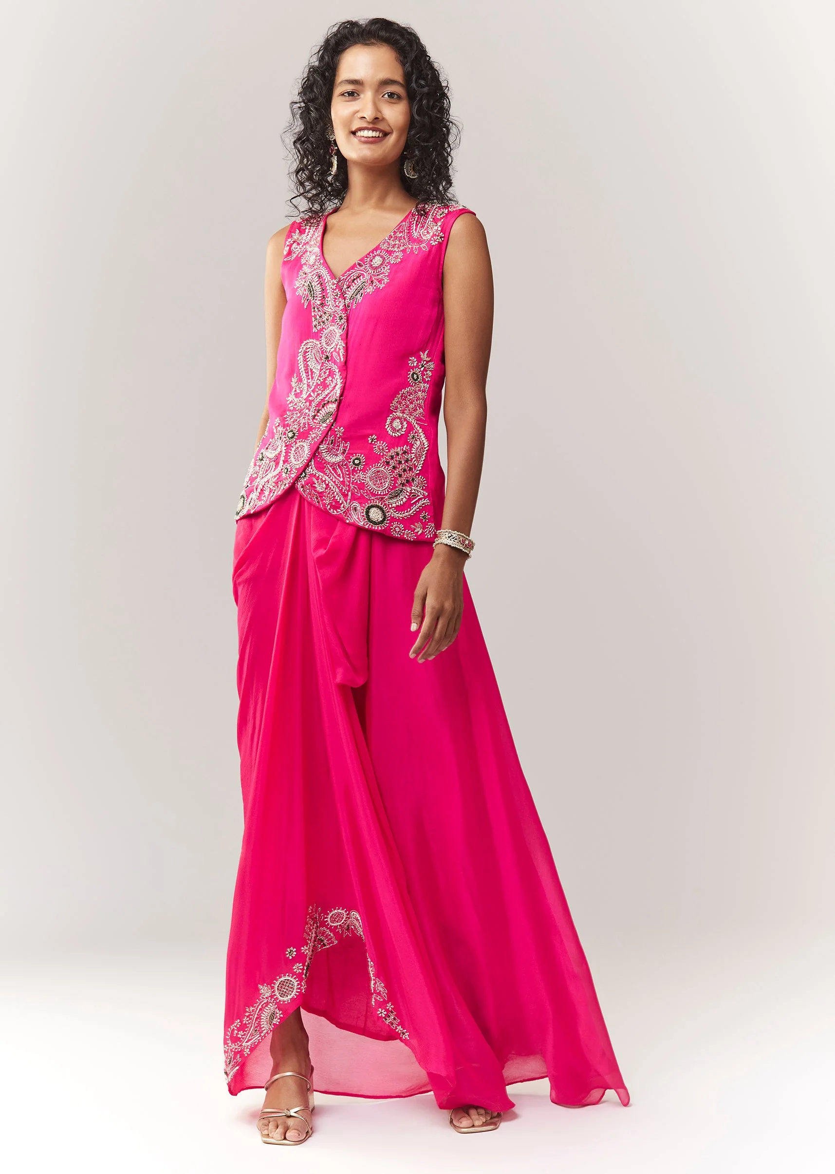 Pink Vest Style Croptop With Cutdana And Drape Skirt Set