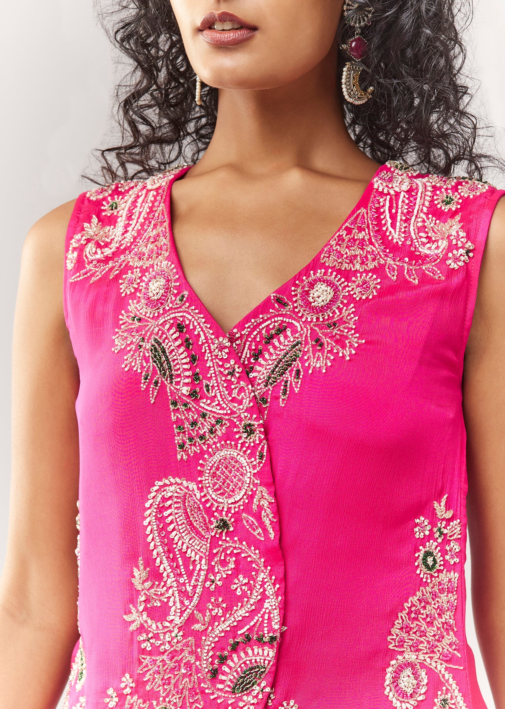 Pink Vest Style Croptop With Cutdana And Drape Skirt Set - Image 2