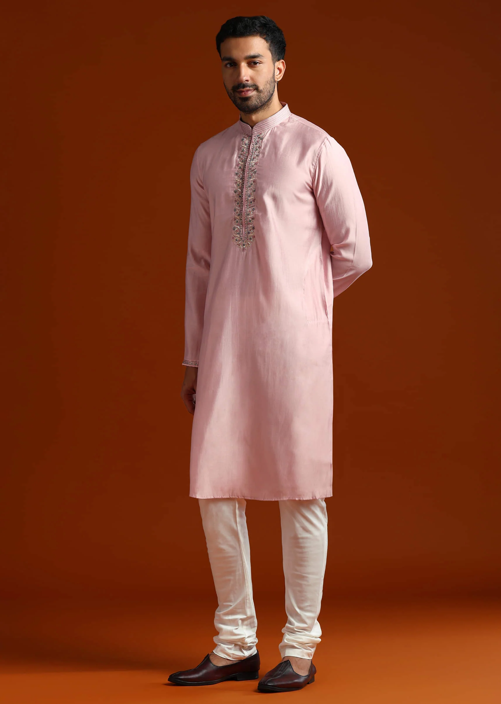 Pink Viscose Kurta Set For Men With Heavy Hand Embroidery - Image 2