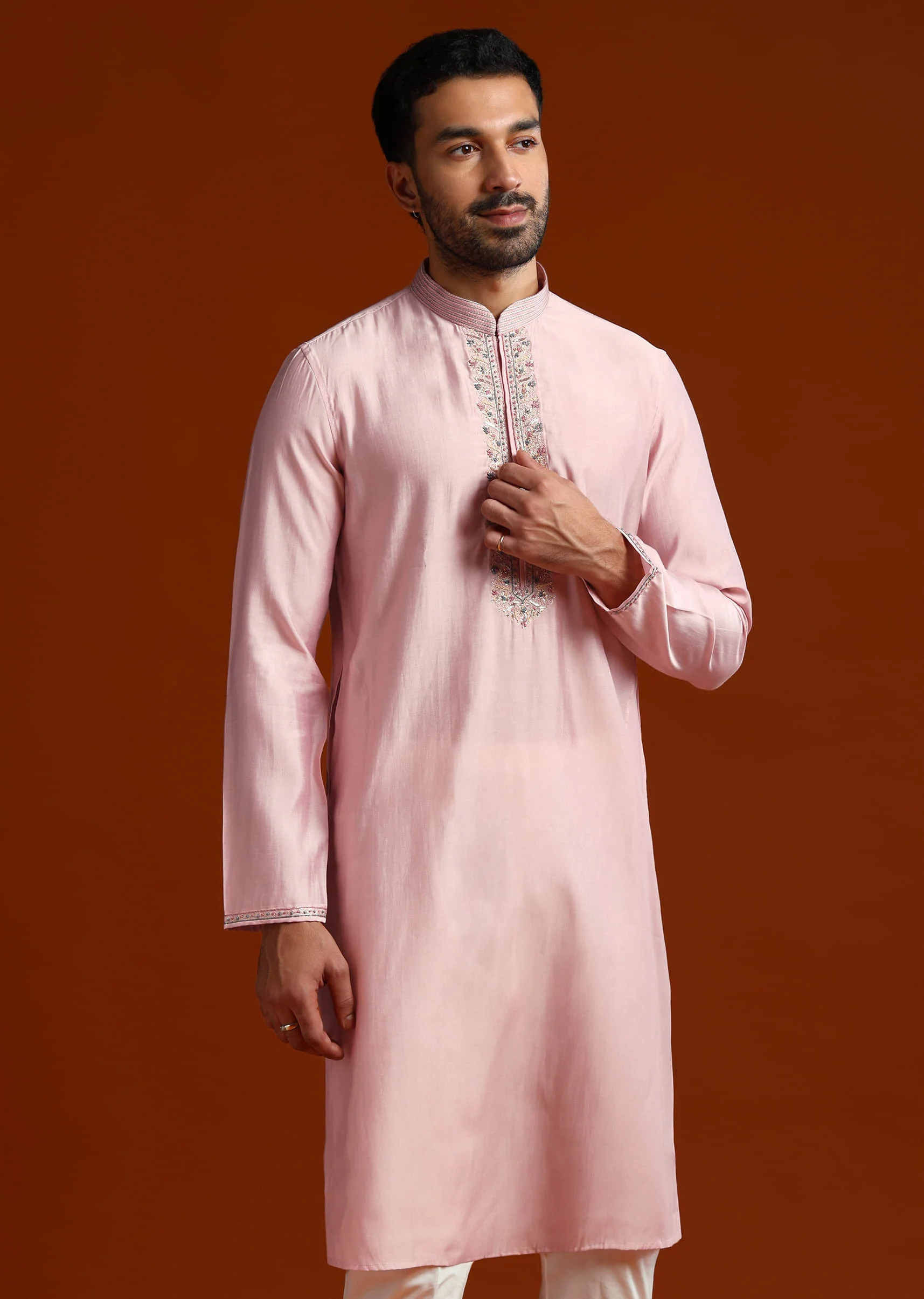 Pink Viscose Kurta Set For Men With Heavy Hand Embroidery - Image 3