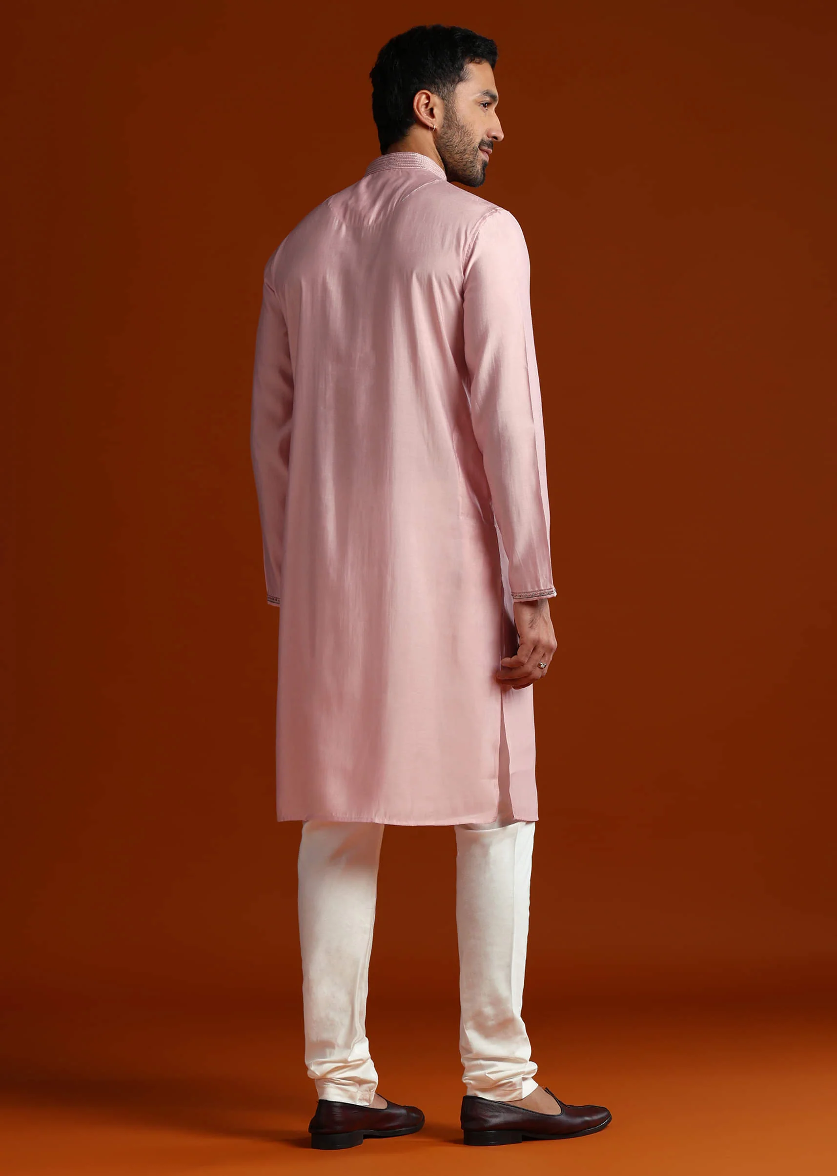 Pink Viscose Kurta Set For Men With Heavy Hand Embroidery - Image 5