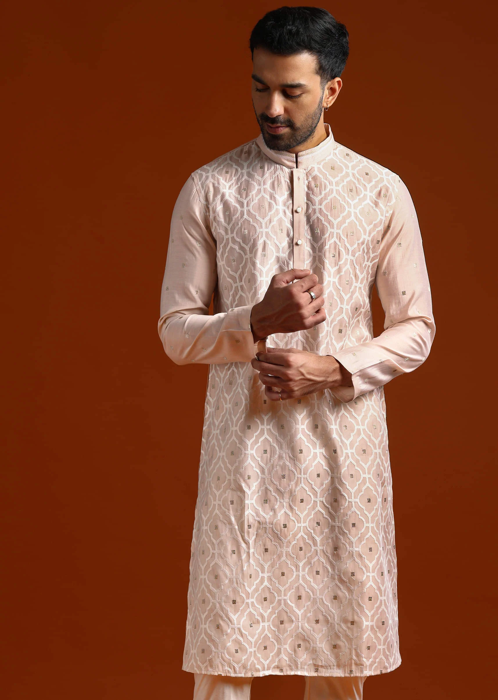 Pink Viscose Kurta Set For Men With Thread Work - Image 4