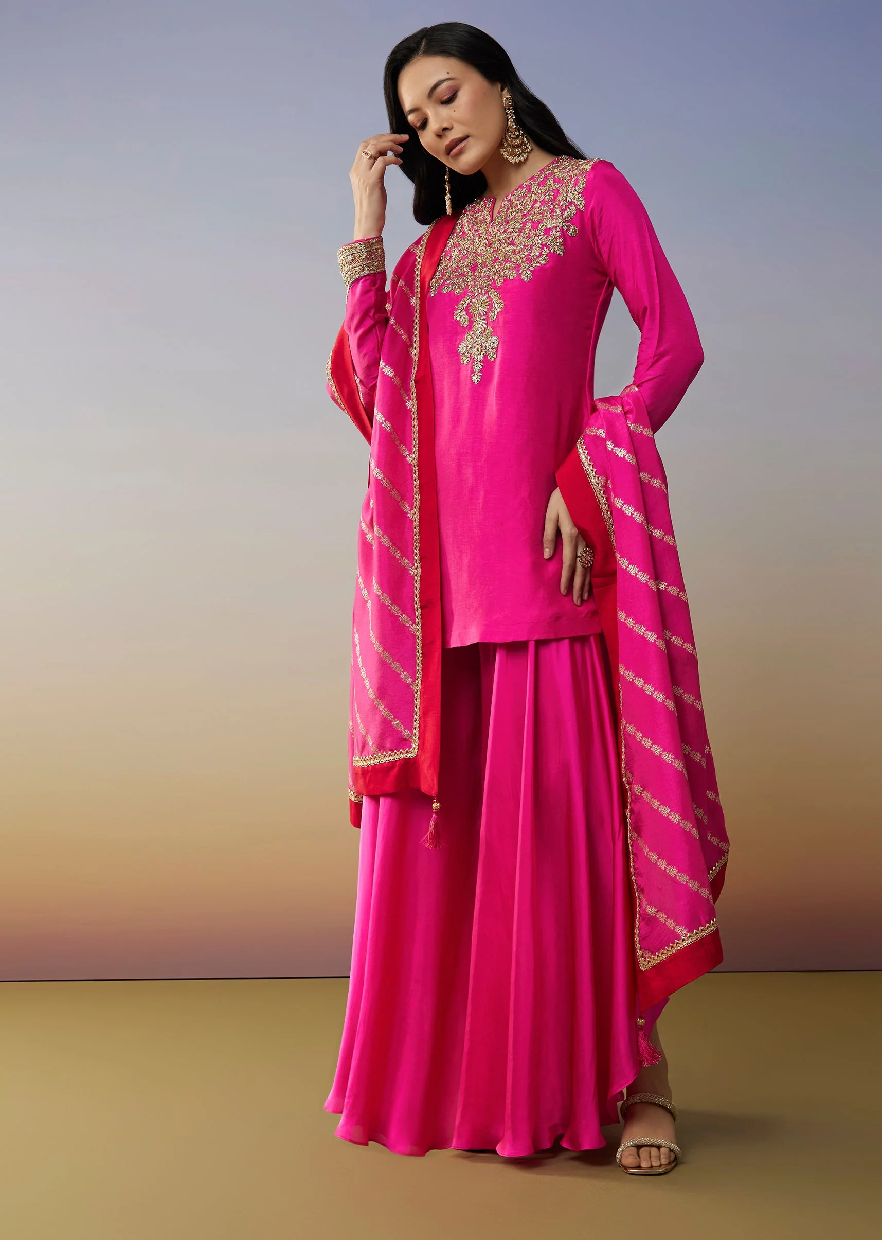 Pink Viscose Satin Palazzo Suit with Zardosi Work - Image 3